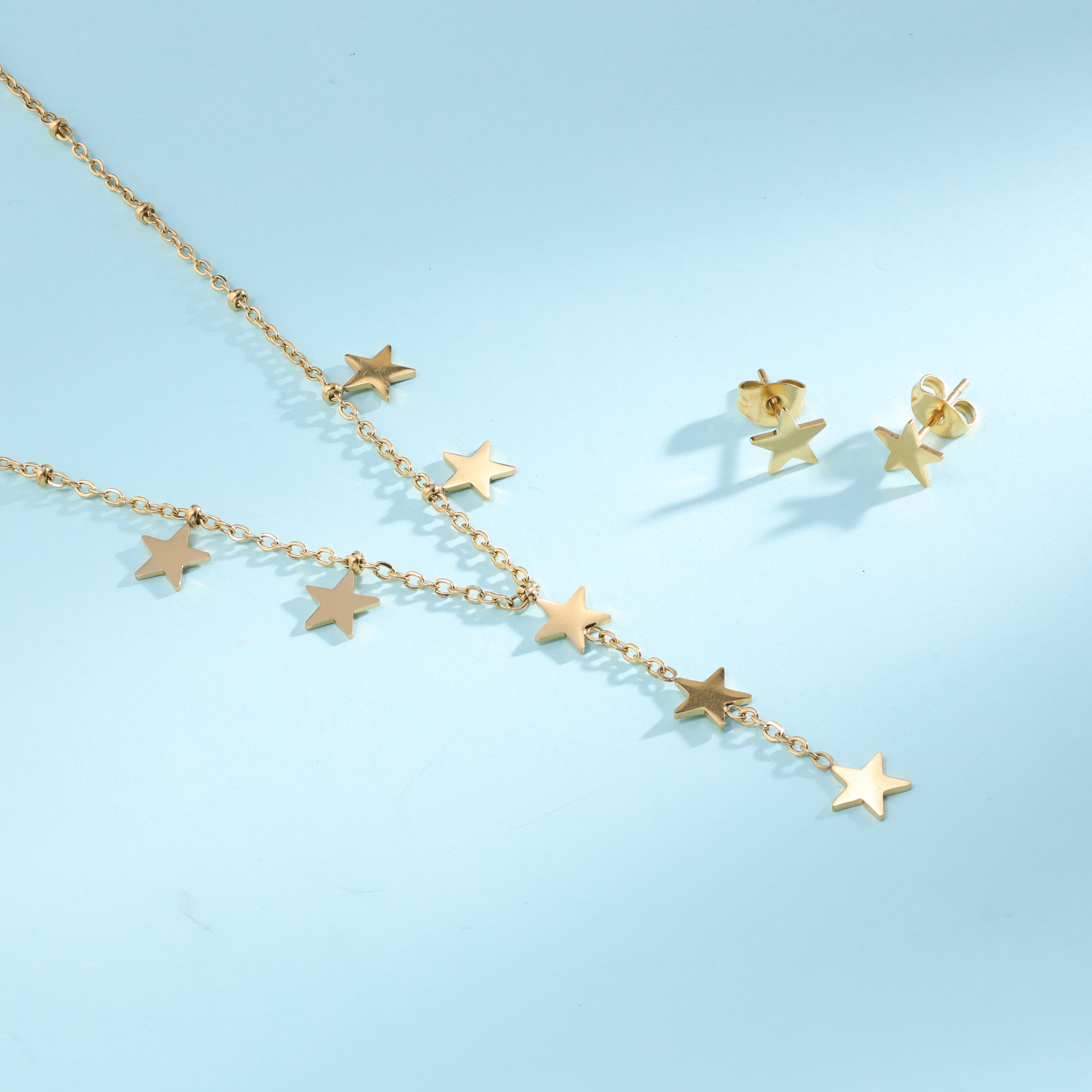 Damen Set Ankerkette mit Stern Anhänger & Ohrringe aus Edelstahl 18K vergoldet - Taipan Schmuck