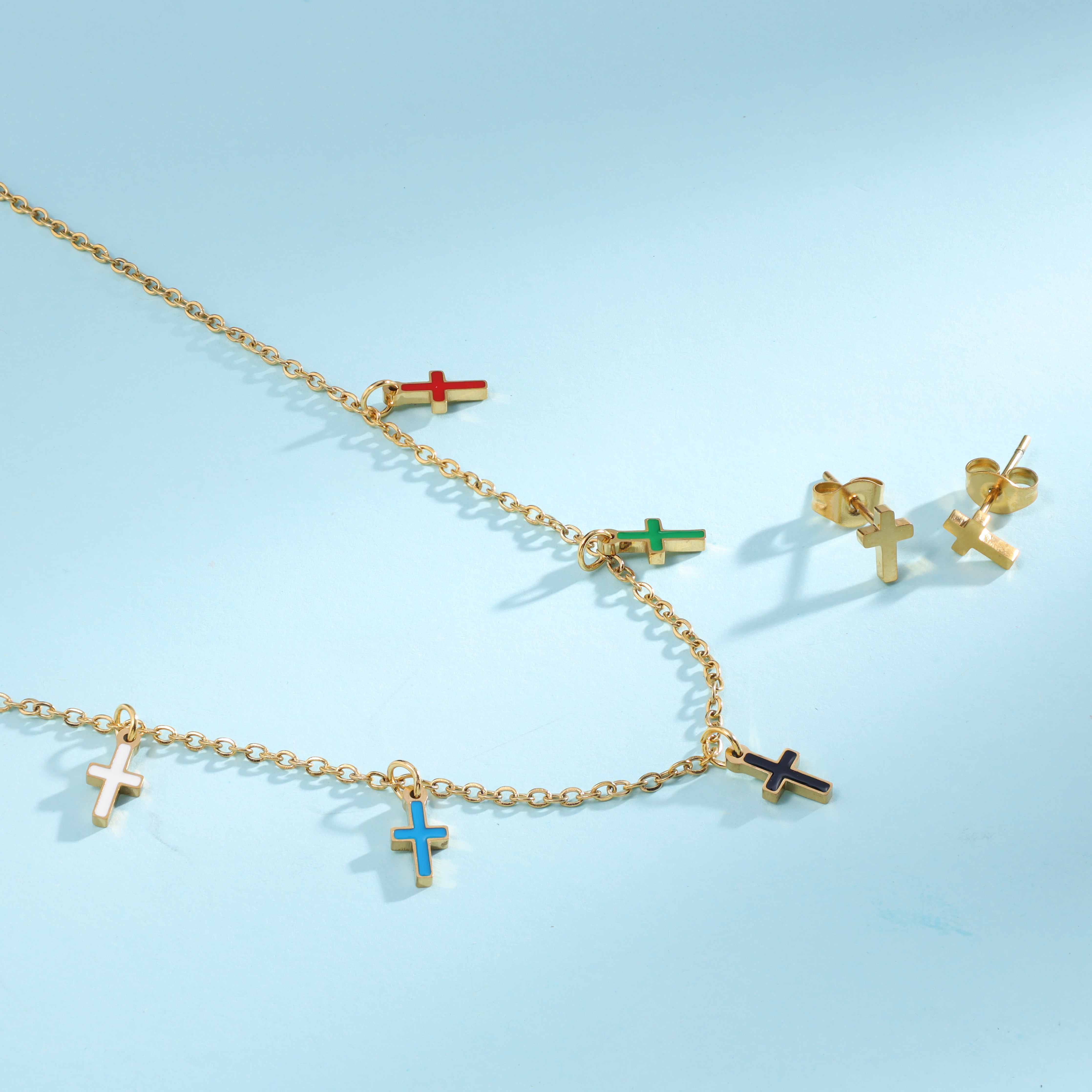 Damen Set Ankerkette mit Kreuz Anhänger & Ohrringe aus Edelstahl 18K vergoldet