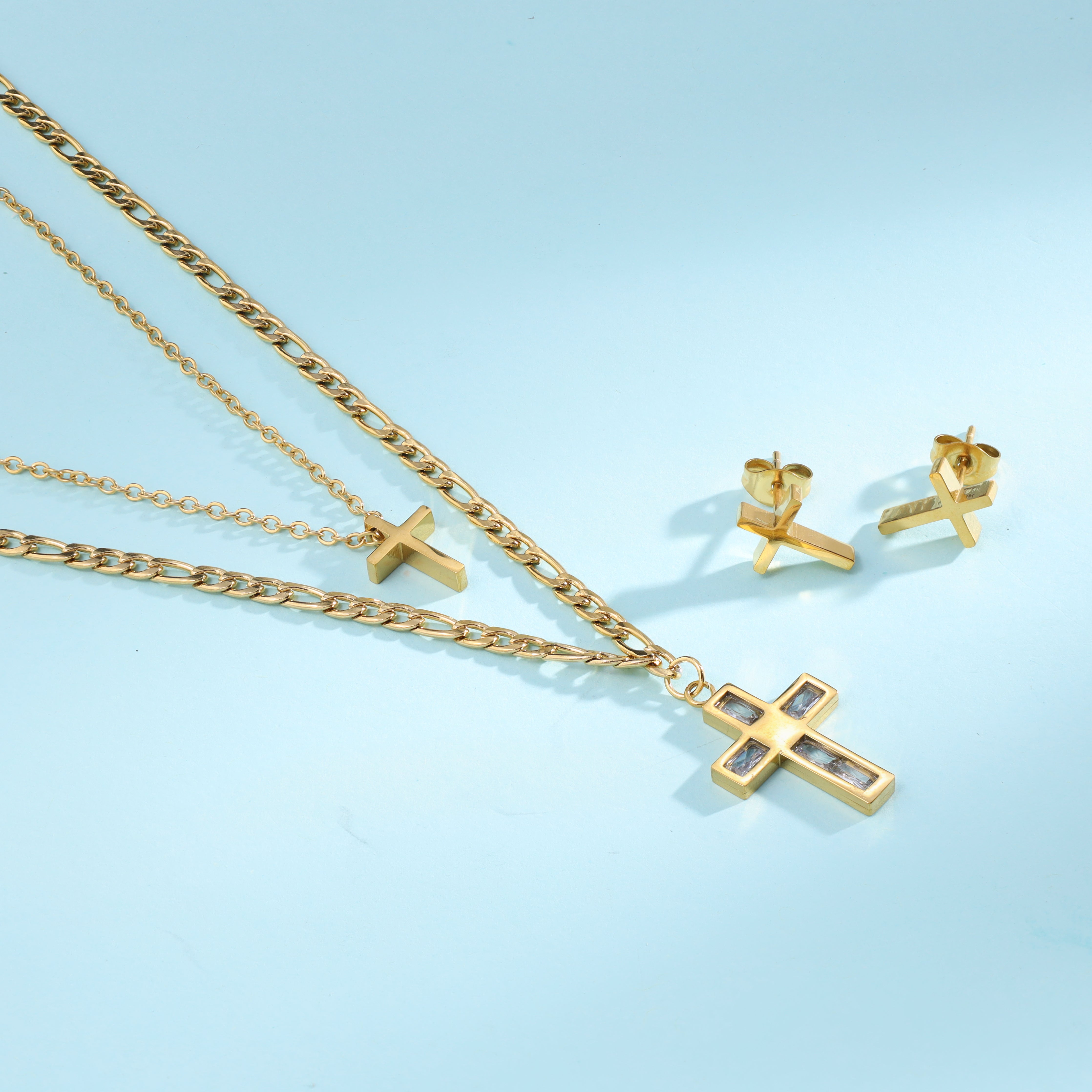 Damen Set Ankerkette + Figarokette mit Kreuz Anhänger & Ohrringen aus Edelstahl 18K vergoldet - Taipan Schmuck