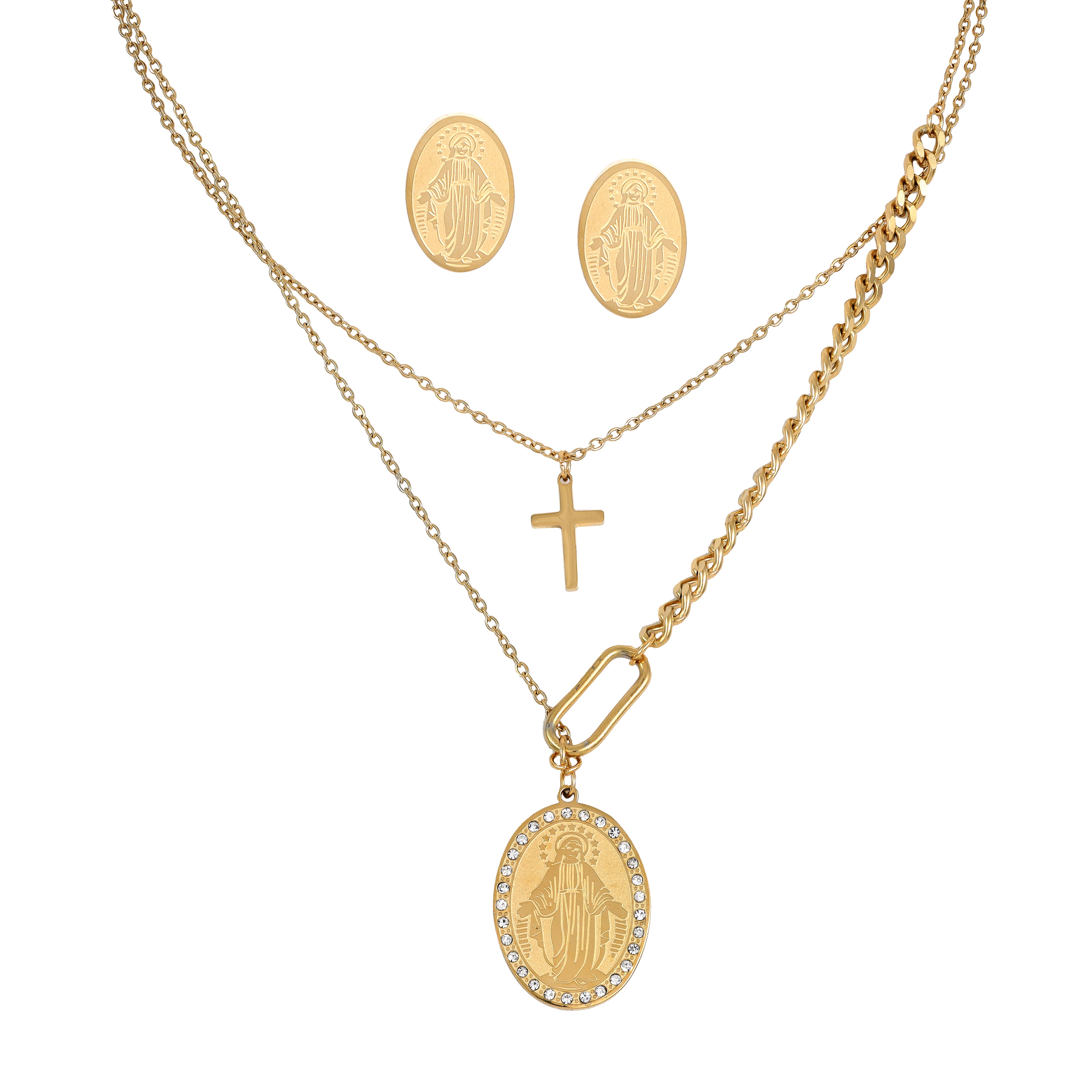 Damen Set Heilige Maria Anhänger & Ohrringe aus Edelstahl 18K vergoldet