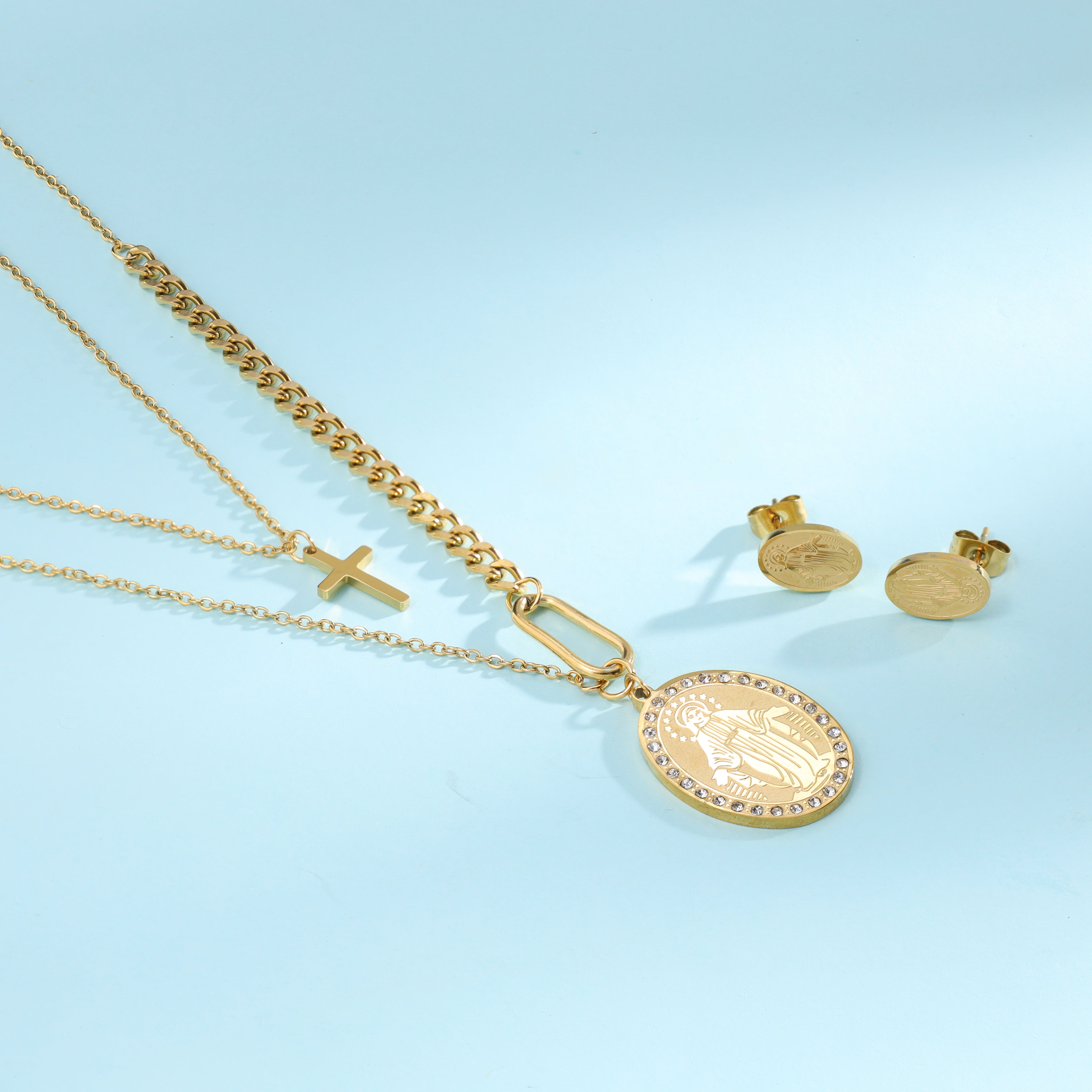 Damen Set Heilige Maria Anhänger & Ohrringe aus Edelstahl 18K vergoldet
