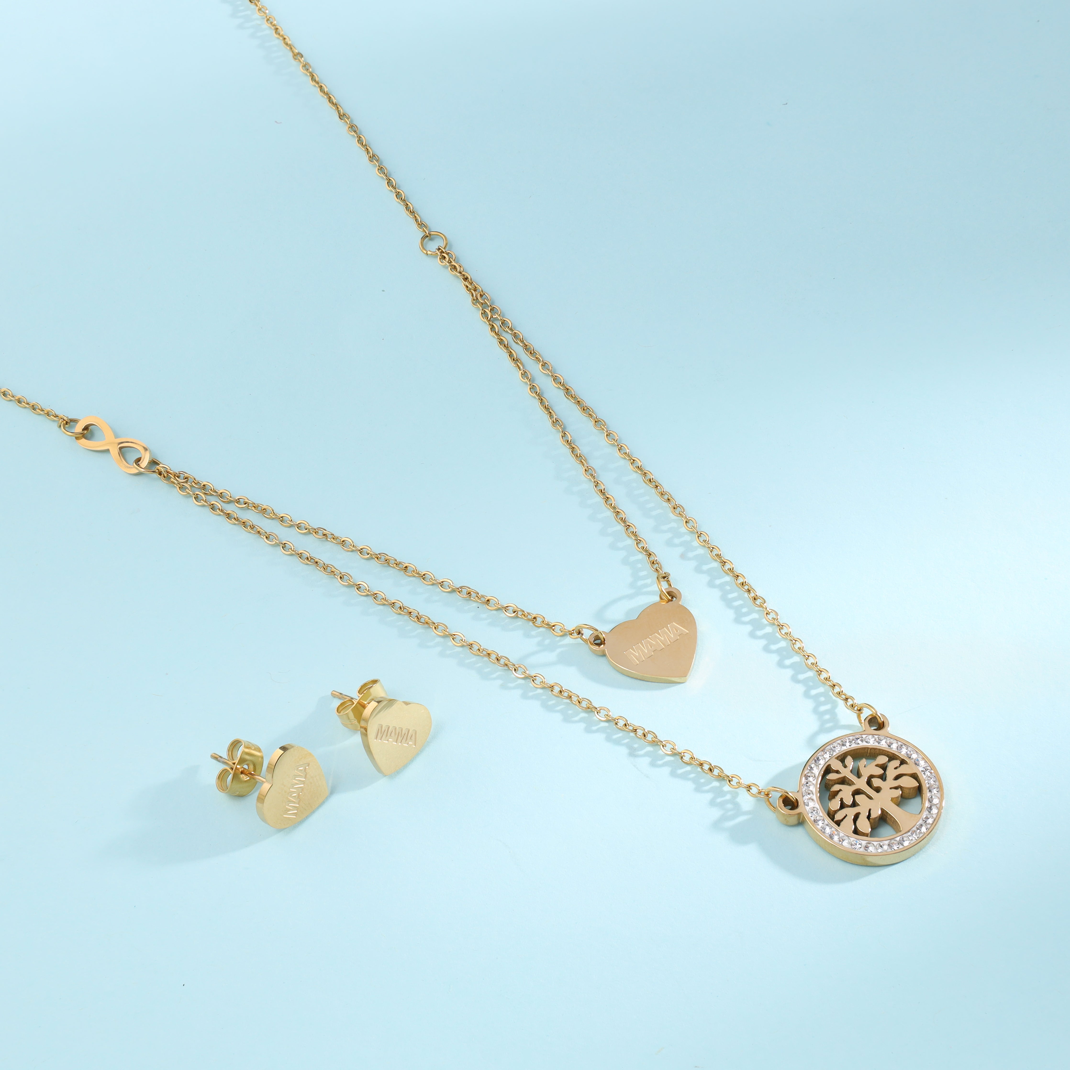 Damen Set Ankerkette + Mama Ohrringe Baum des Lebens aus Edelstahl 18K vergoldet - Taipan Schmuck