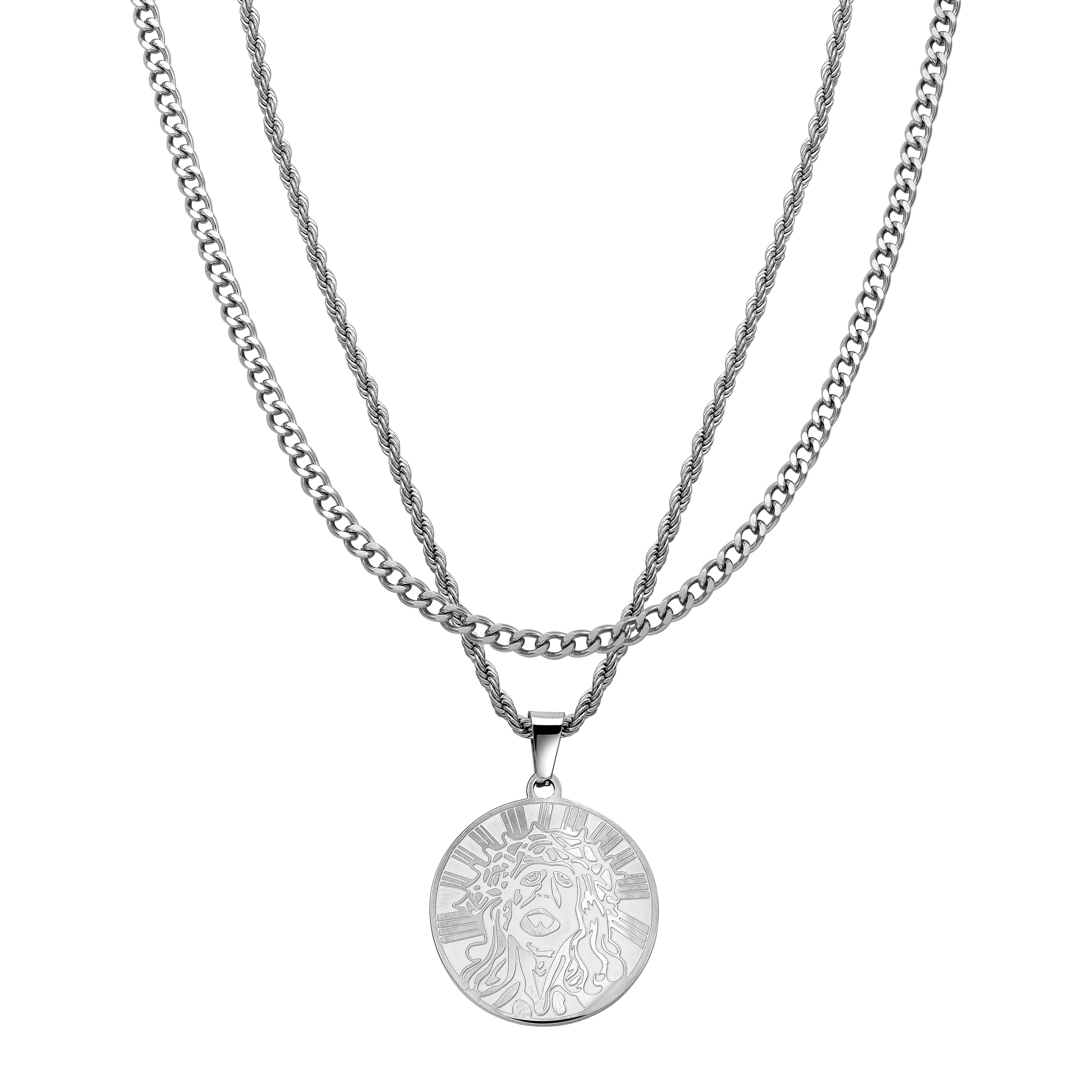 SET Kordelkette + Panzerkette mit Jesus Anhänger aus Edelstahl - Taipan Schmuck