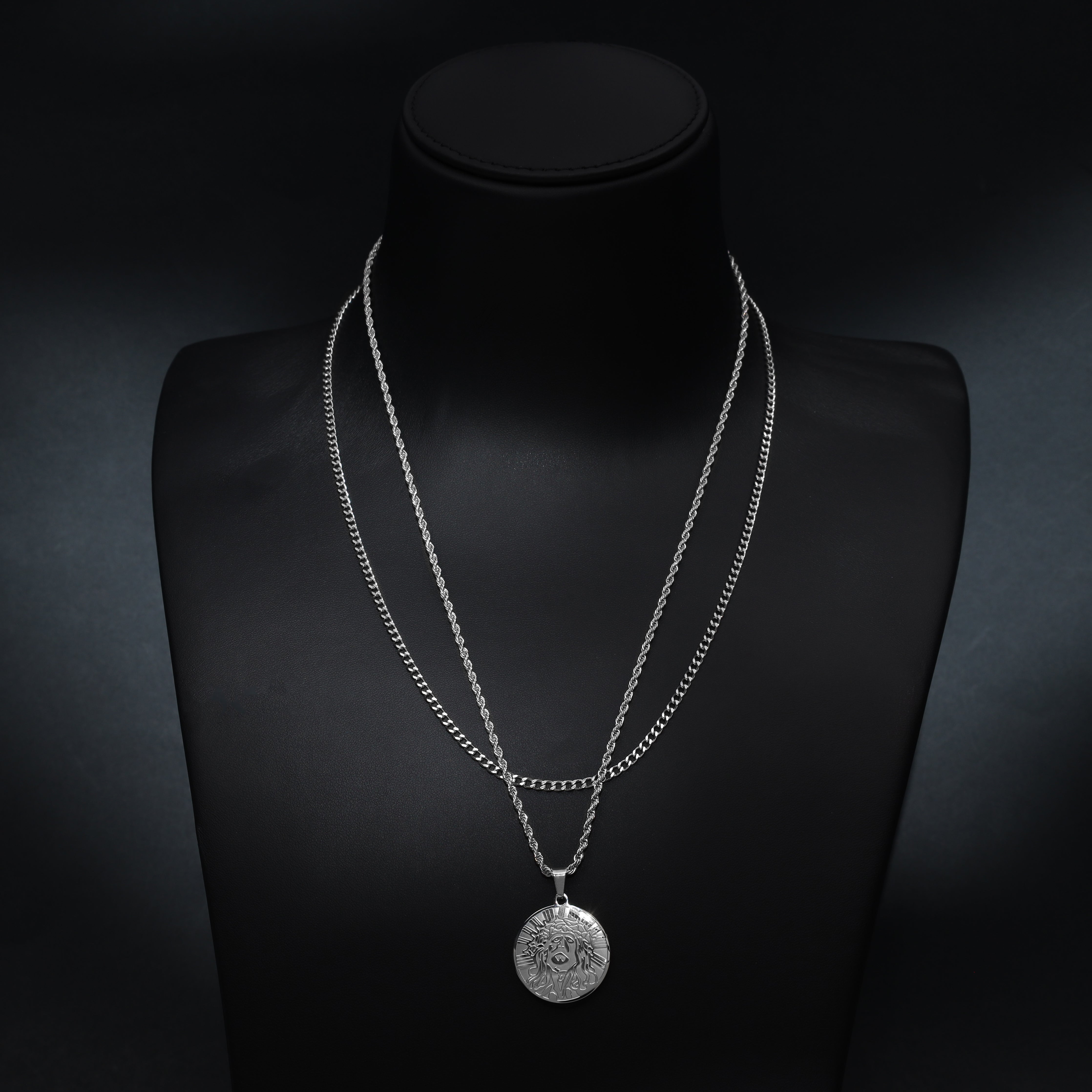 SET Kordelkette + Panzerkette mit Jesus Anhänger aus Edelstahl - Taipan Schmuck