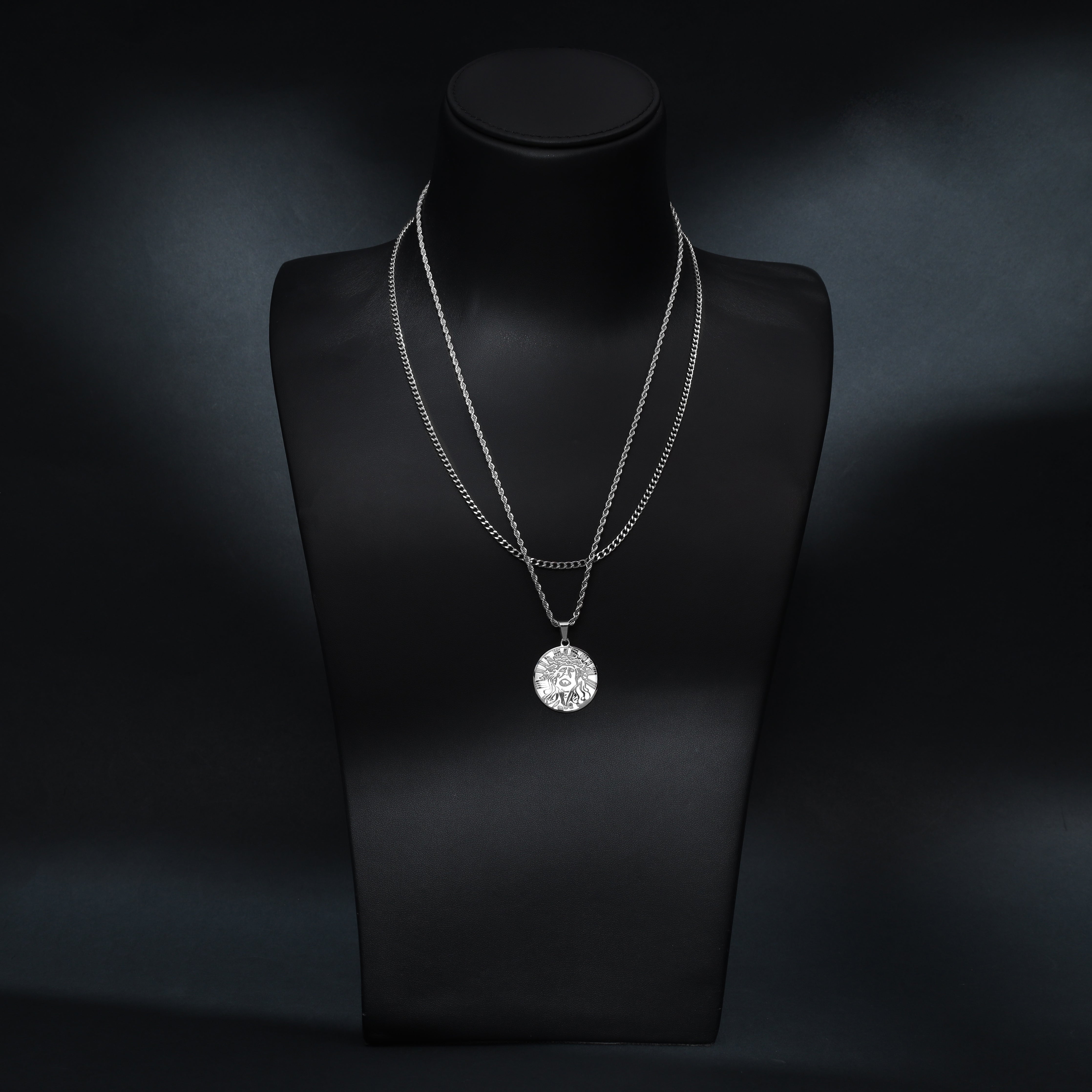 SET Kordelkette + Panzerkette mit Jesus Anhänger aus Edelstahl - Taipan Schmuck