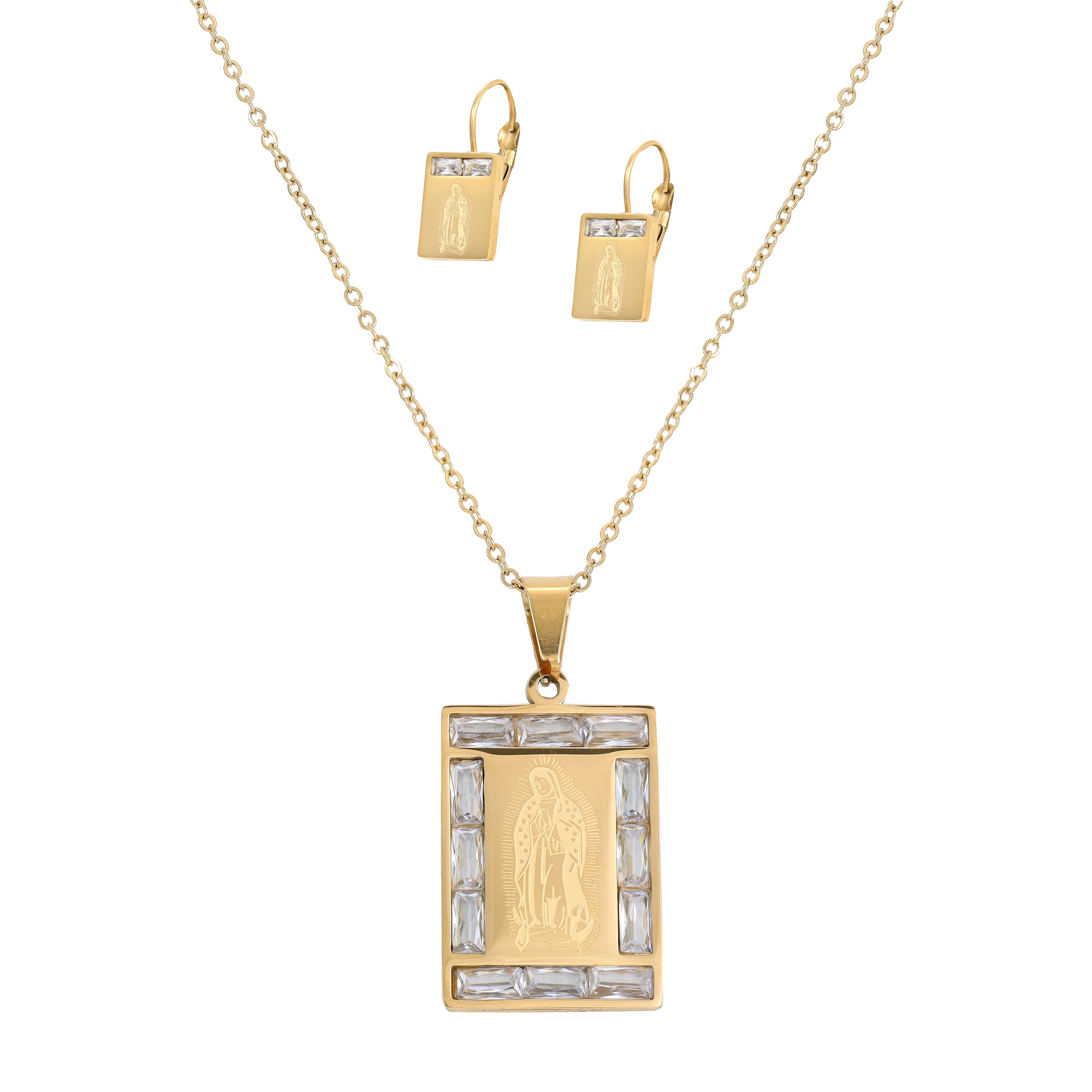 Damen Set Ankerkette mit heilige Maria Anhänger & Ohrringe aus Edelstahl 18K vergoldet - Taipan Schmuck