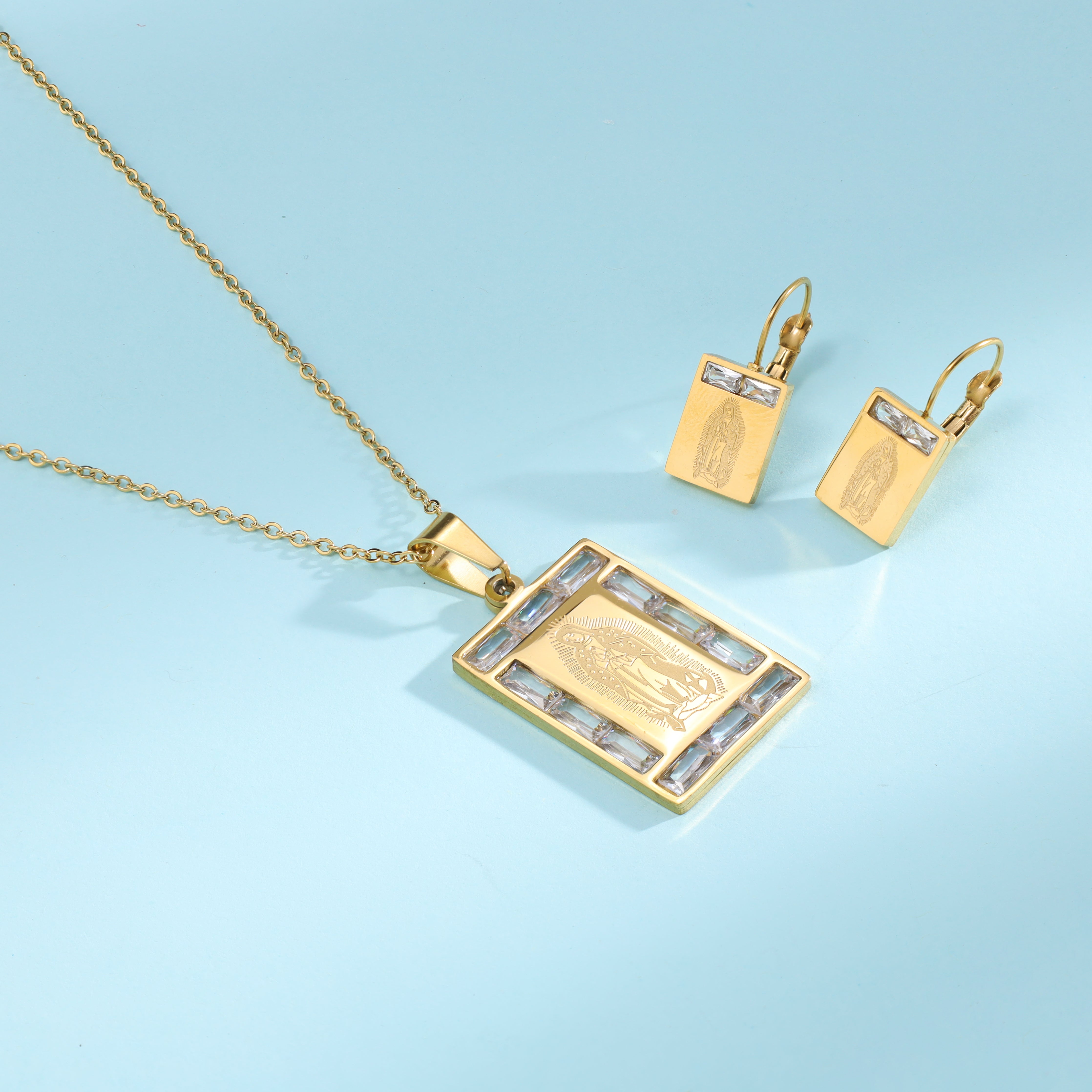 Damen Set Ankerkette mit heilige Maria Anhänger & Ohrringe aus Edelstahl 18K vergoldet - Taipan Schmuck