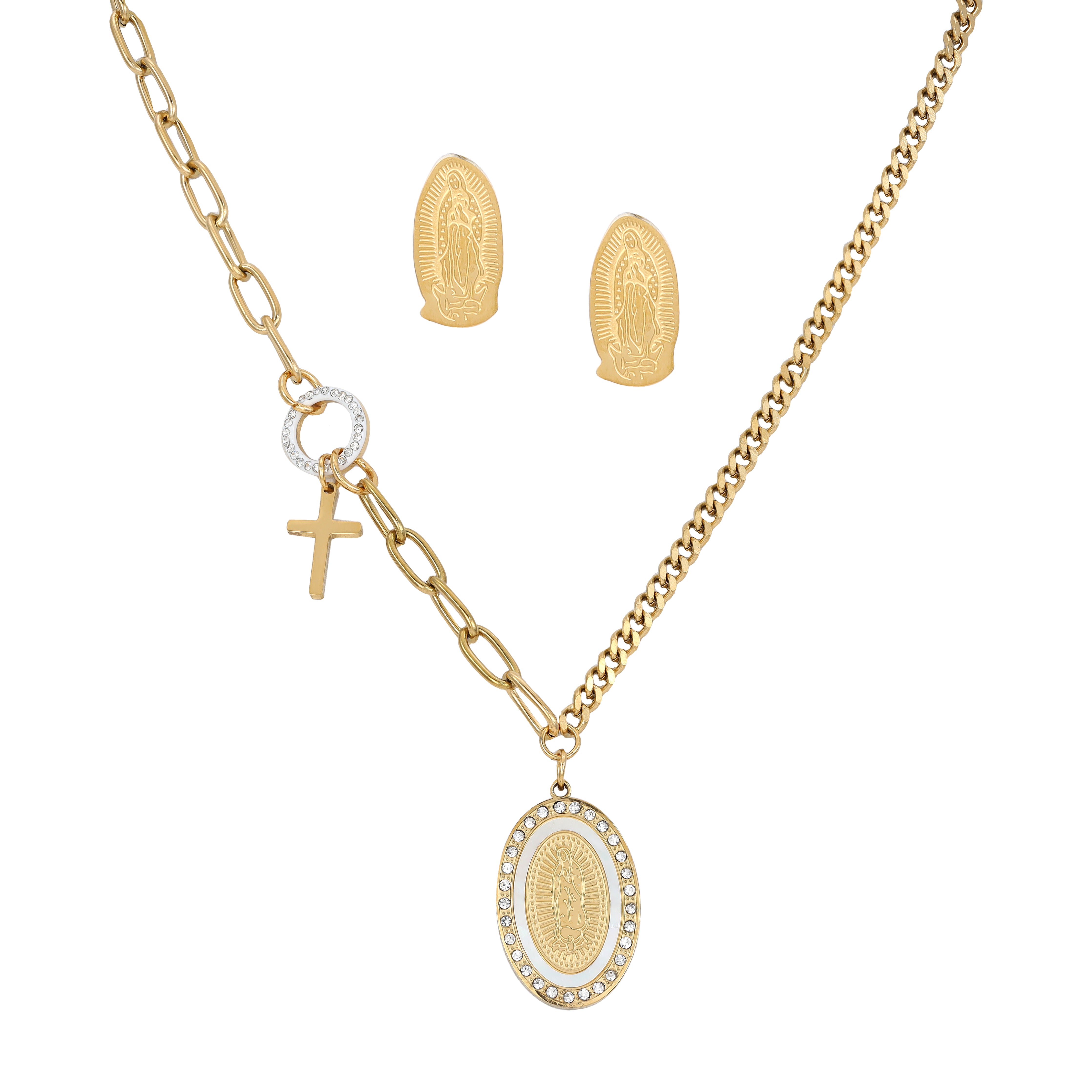 Damen Set Panzerkette mit heilige Maria Anhänger & Ohrringe aus Edelstahl 18K vergoldet - Taipan Schmuck