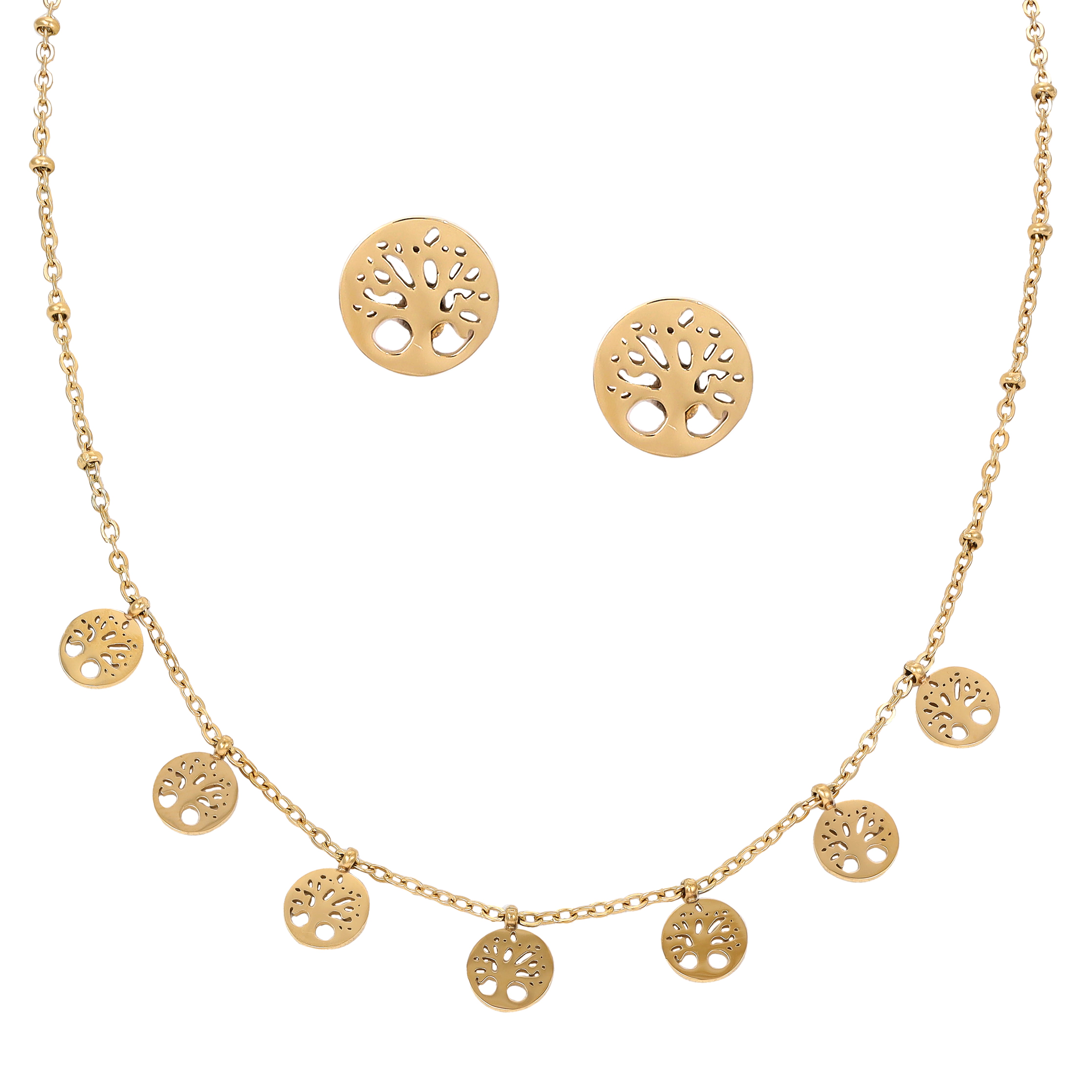 Damen Set Ankerkette mit Baum des Lebens Anhänger & Ohrringe aus Edelstahl 18K vergoldet - Taipan Schmuck