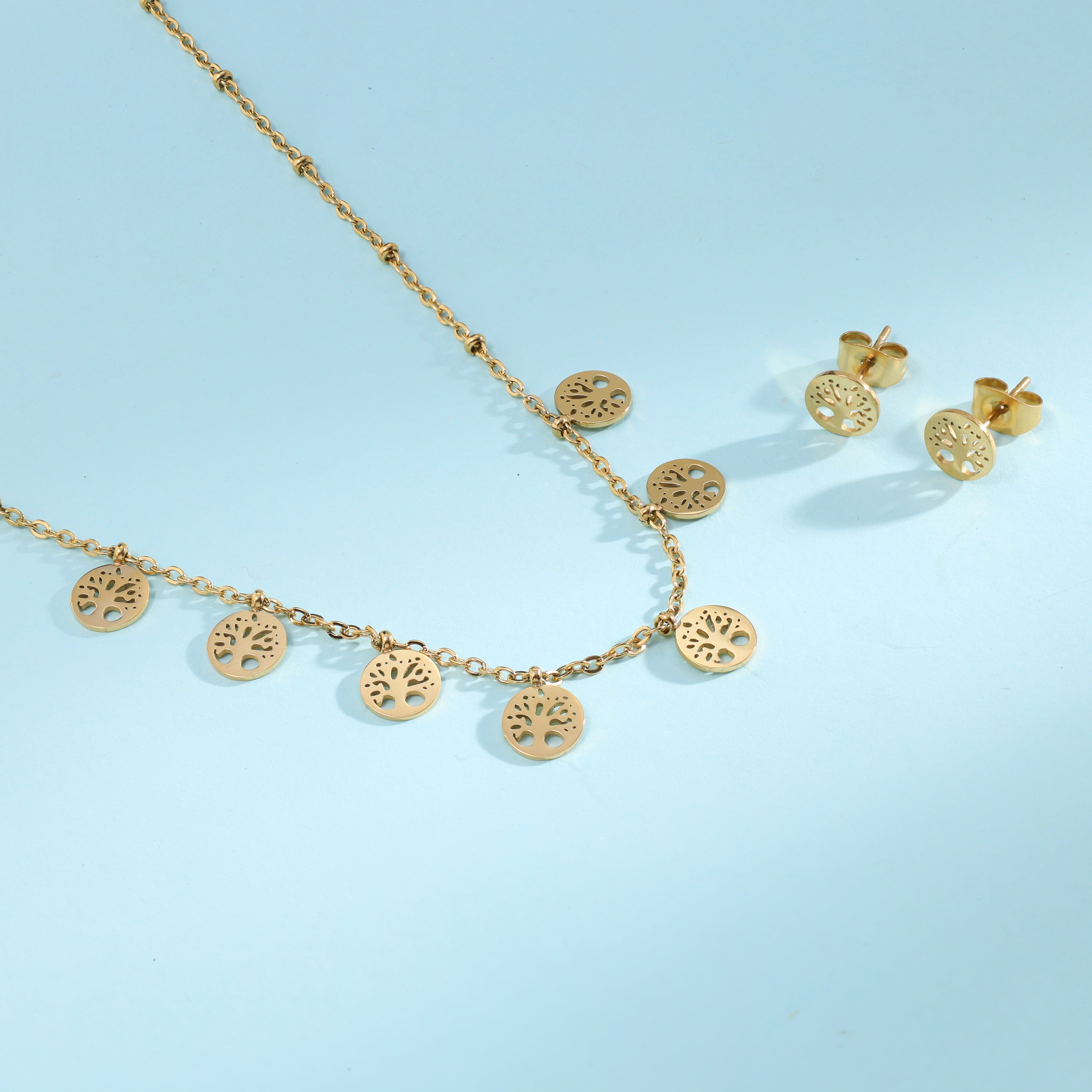 Damen Set Ankerkette mit Baum des Lebens Anhänger & Ohrringe aus Edelstahl 18K vergoldet - Taipan Schmuck
