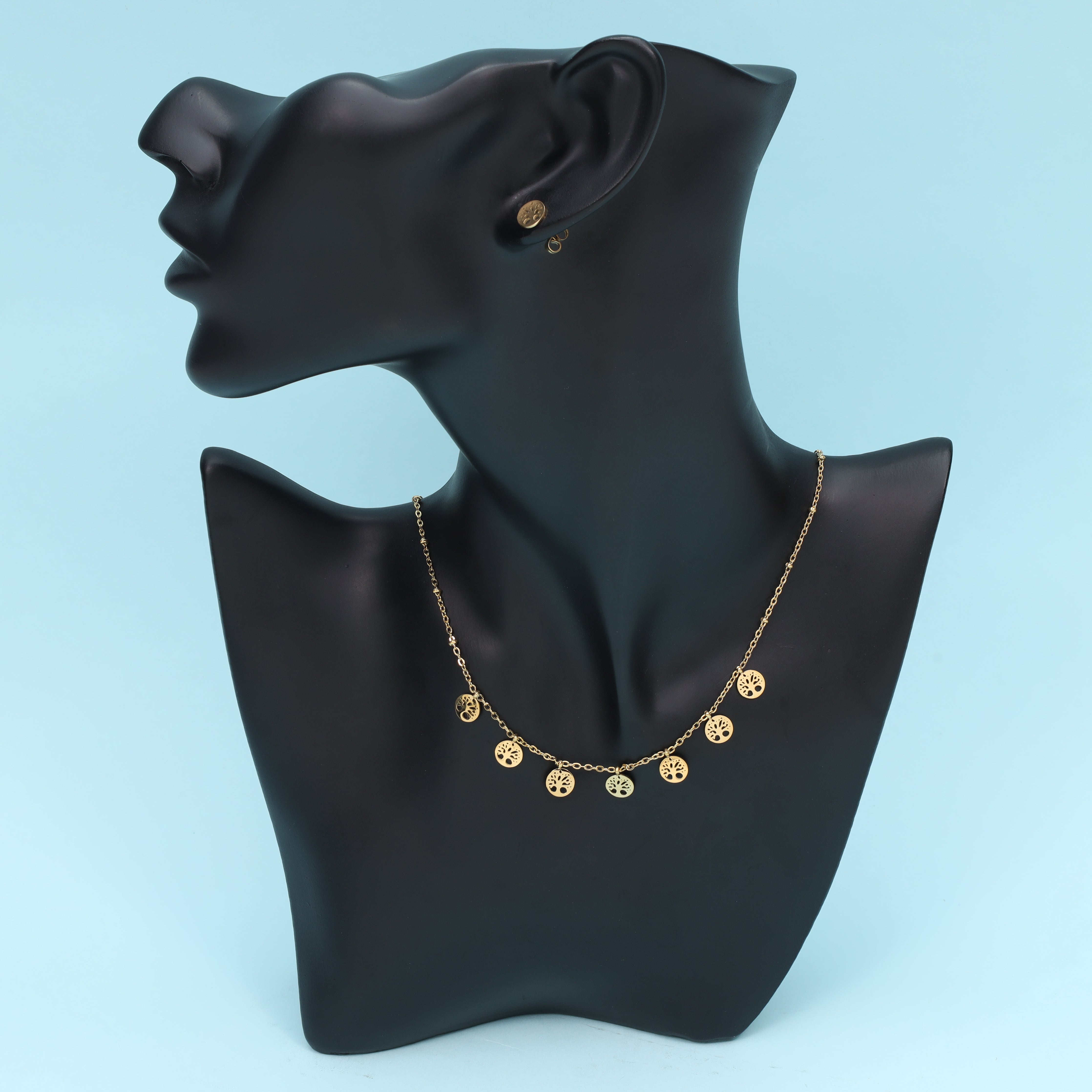 Women's set anchor chain with tree of life pendant & earrings made of stainless steel 18K gold plated