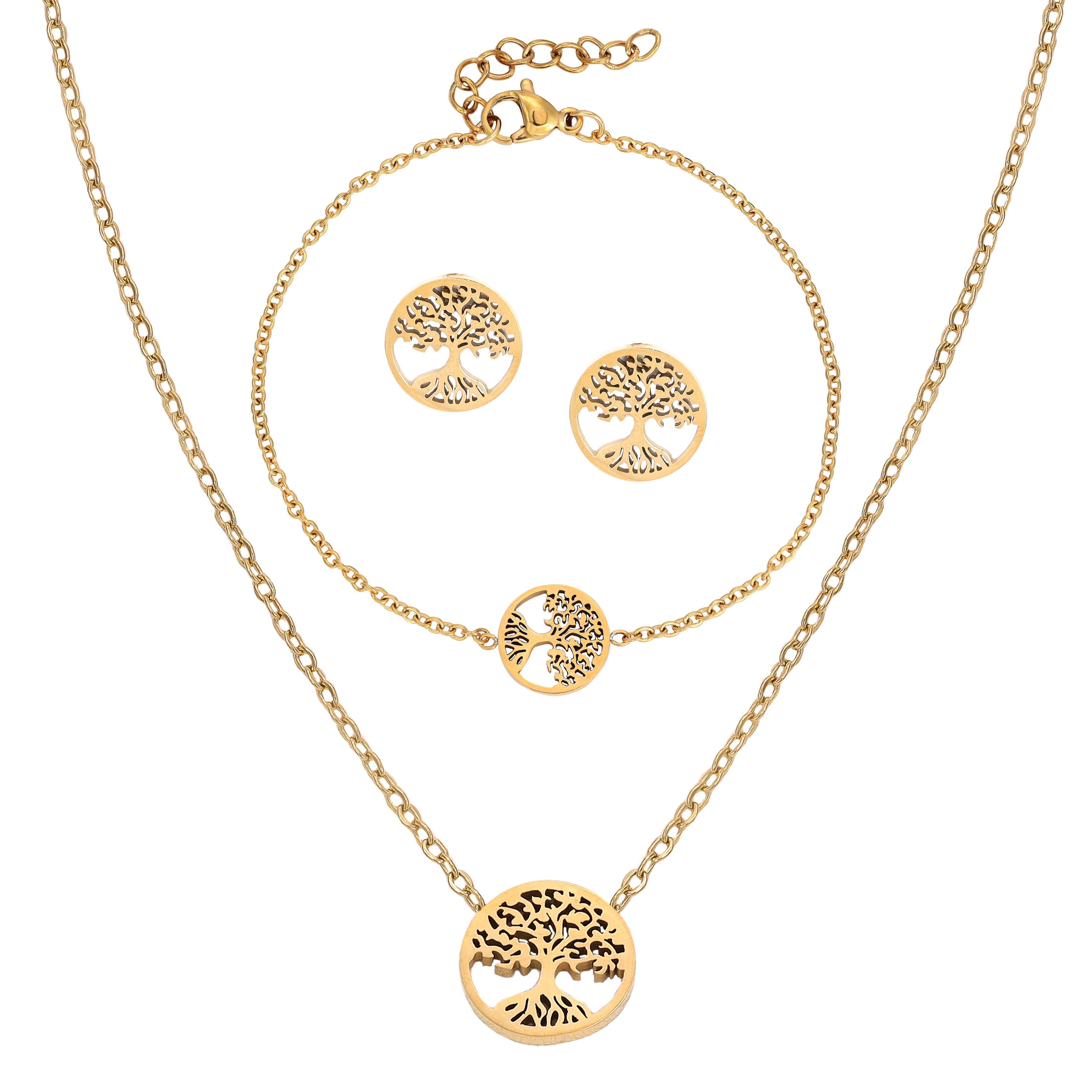 Damen Set Ankerkette Baum des Lebens Anhänger , Ohrringe & Armband aus Edelstahl 18K Vergoldet - Taipan Schmuck