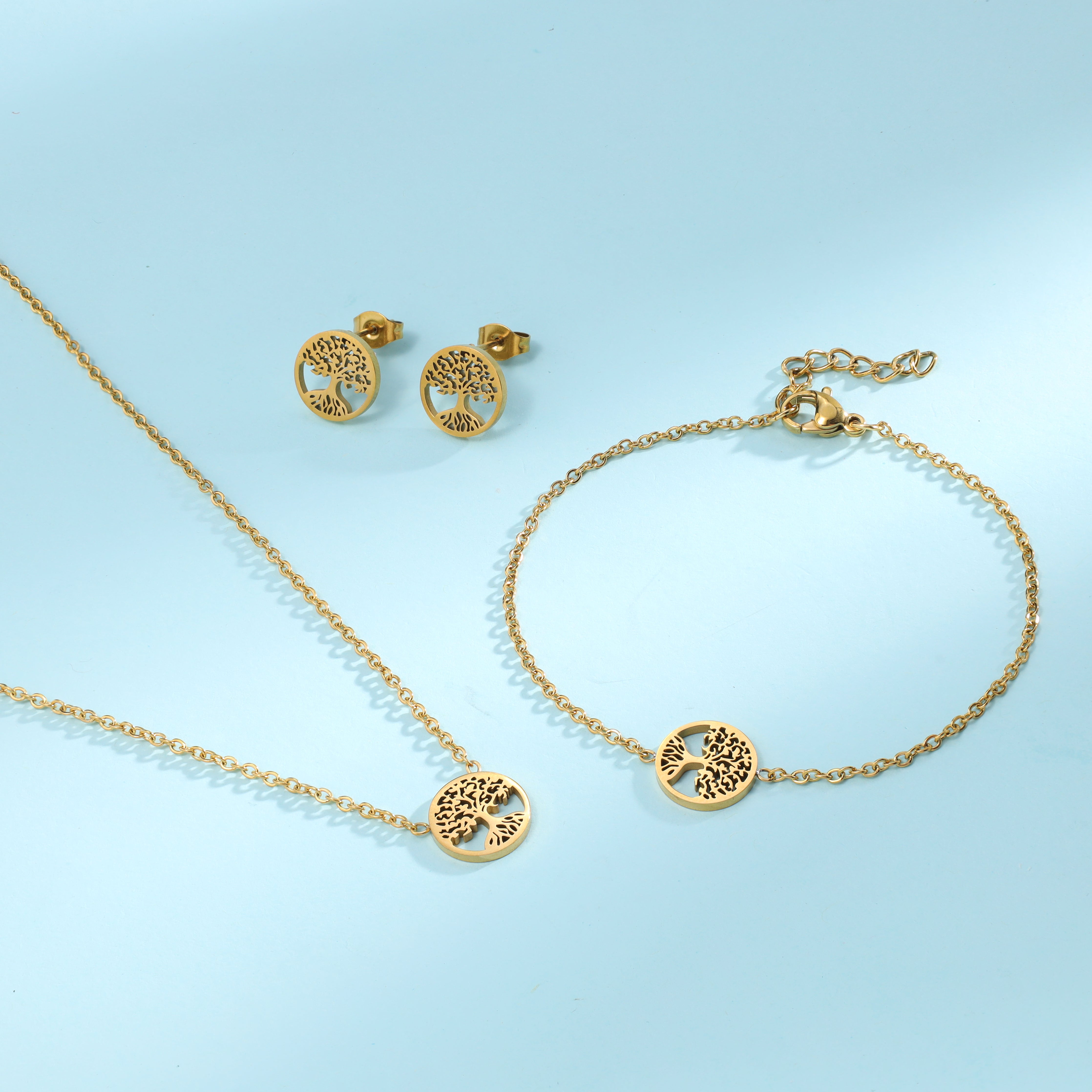 Damen Set Ankerkette Baum des Lebens Anhänger , Ohrringe & Armband aus Edelstahl 18K Vergoldet - Taipan Schmuck