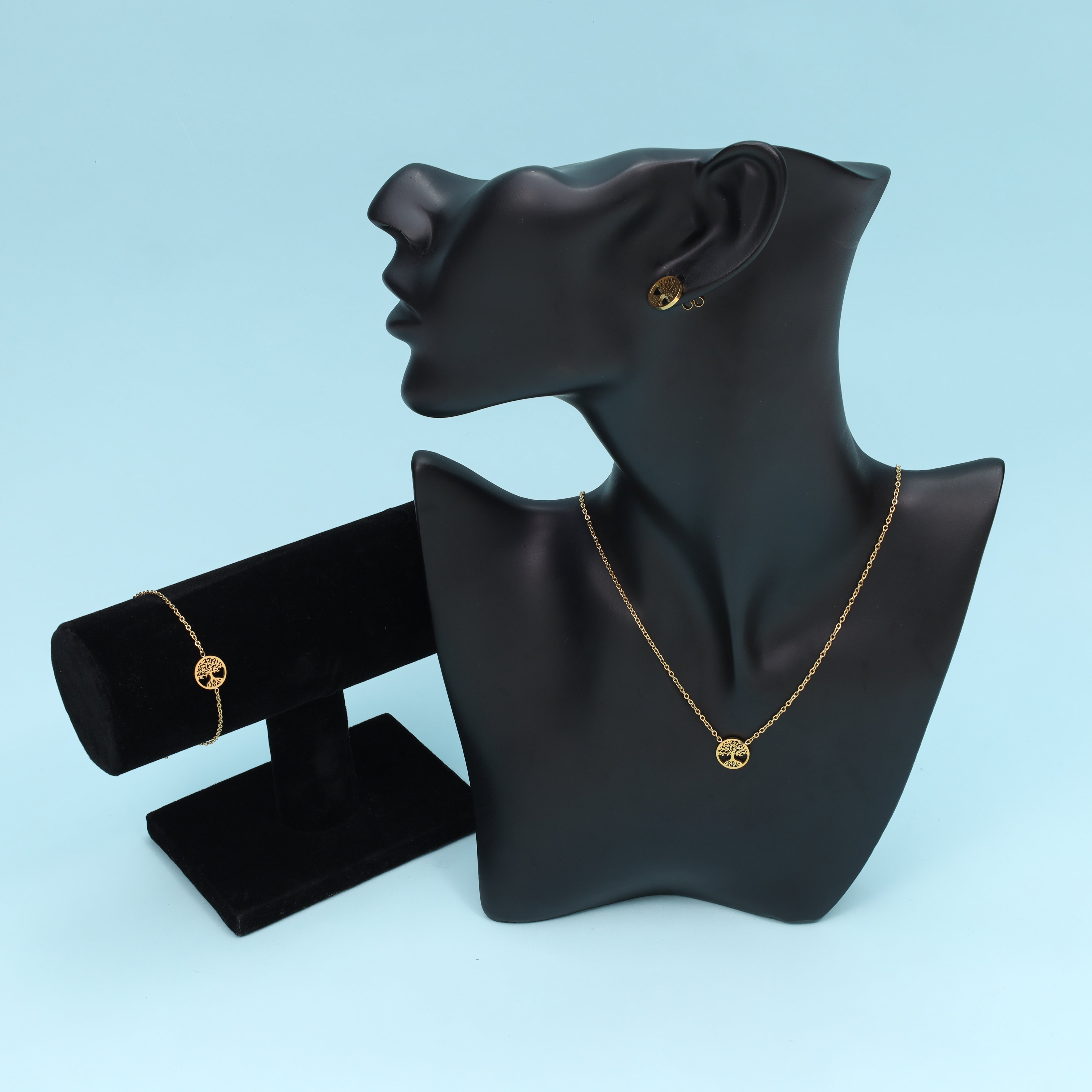 Damen Set Ankerkette Baum des Lebens Anhänger , Ohrringe & Armband aus Edelstahl 18K Vergoldet - Taipan Schmuck