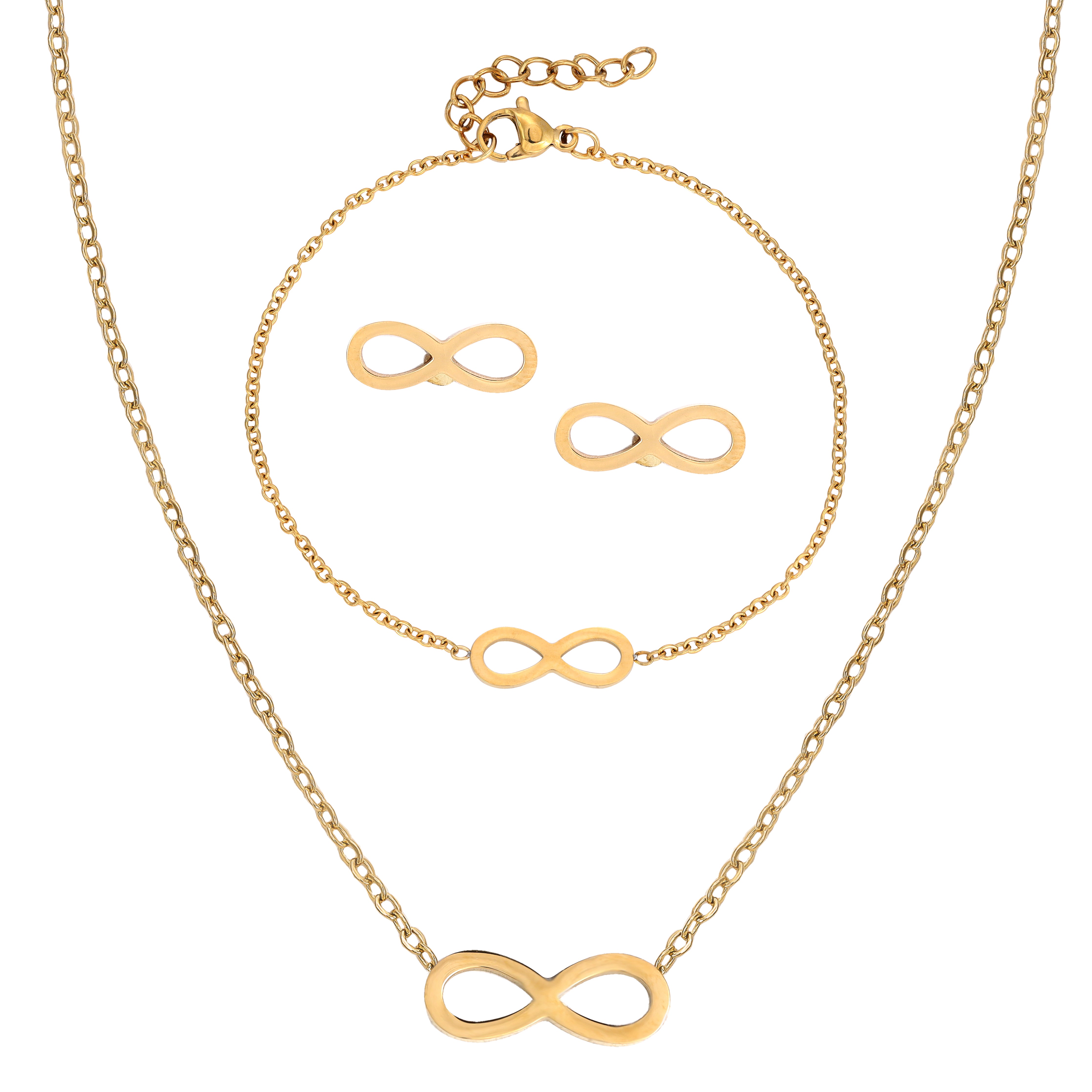 Damen Set Ankerkette mit Infinity Anhänger, Ohrringe & Armband aus Edelstahl 18K Vergoldet - Taipan Schmuck