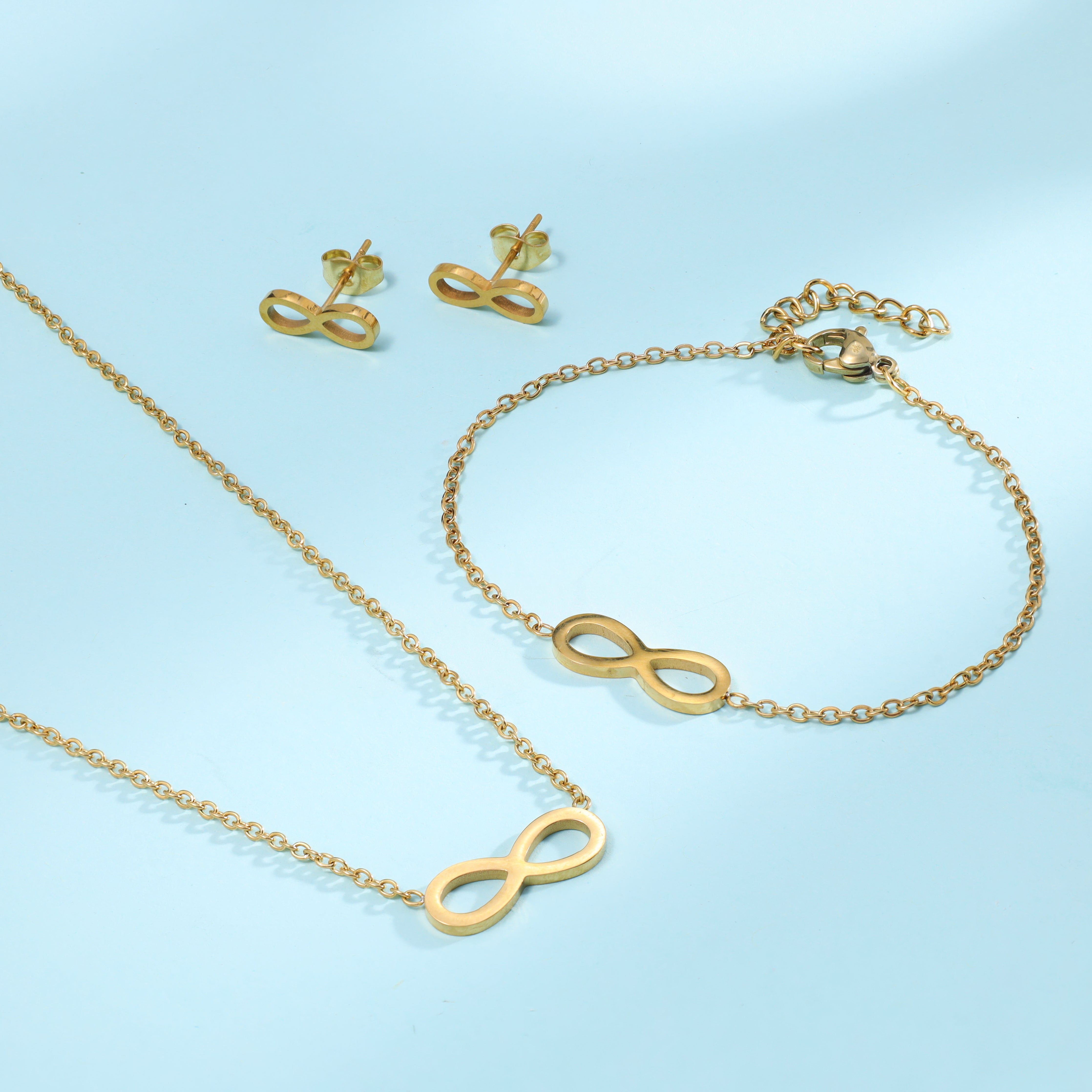 Damen Set Ankerkette mit Infinity Anhänger, Ohrringe & Armband aus Edelstahl 18K Vergoldet - Taipan Schmuck