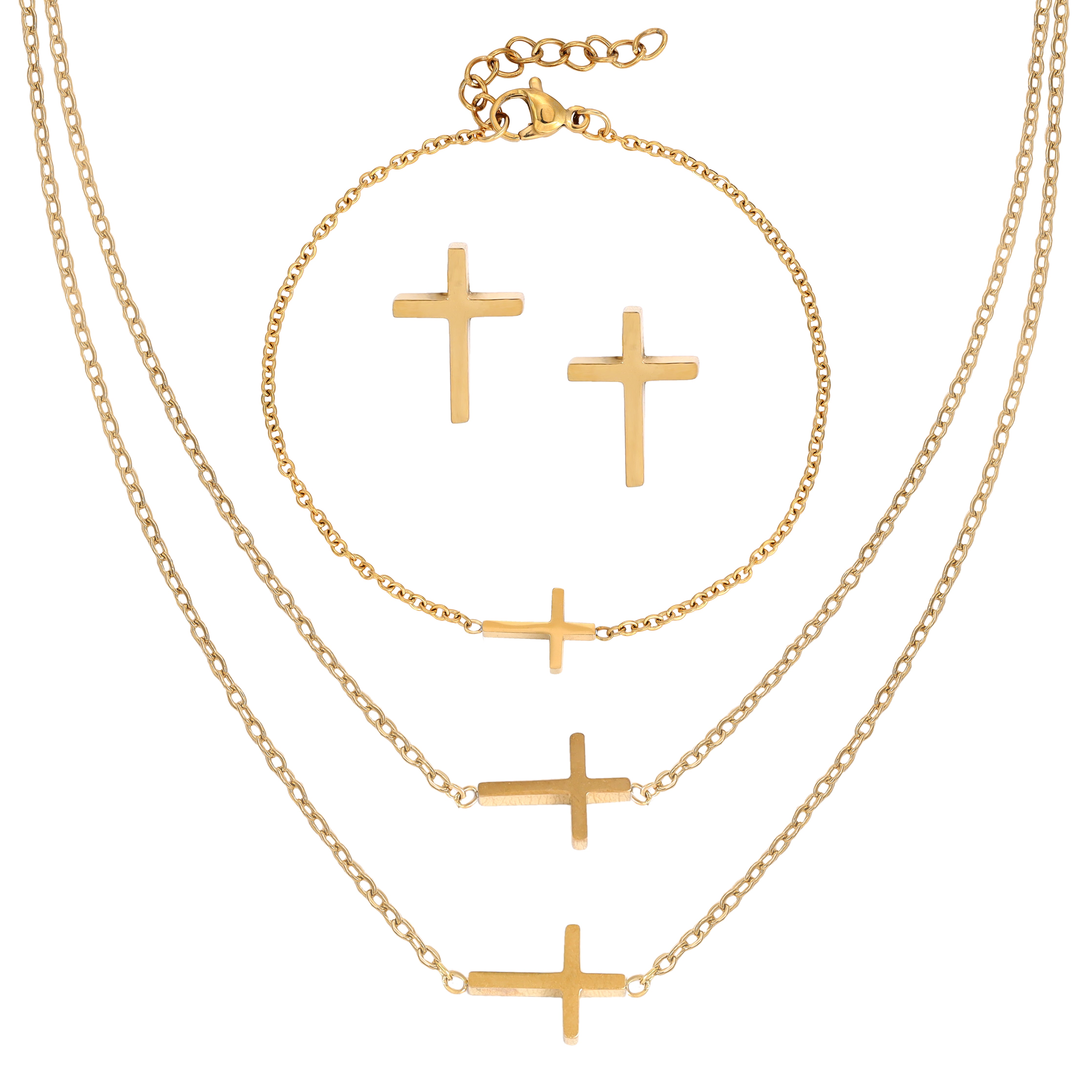 Damen Set Ankerkette mit Kreuz Anhänger, Ohrringe & Armband aus Edelstahl 18K Vergoldet - Taipan Schmuck