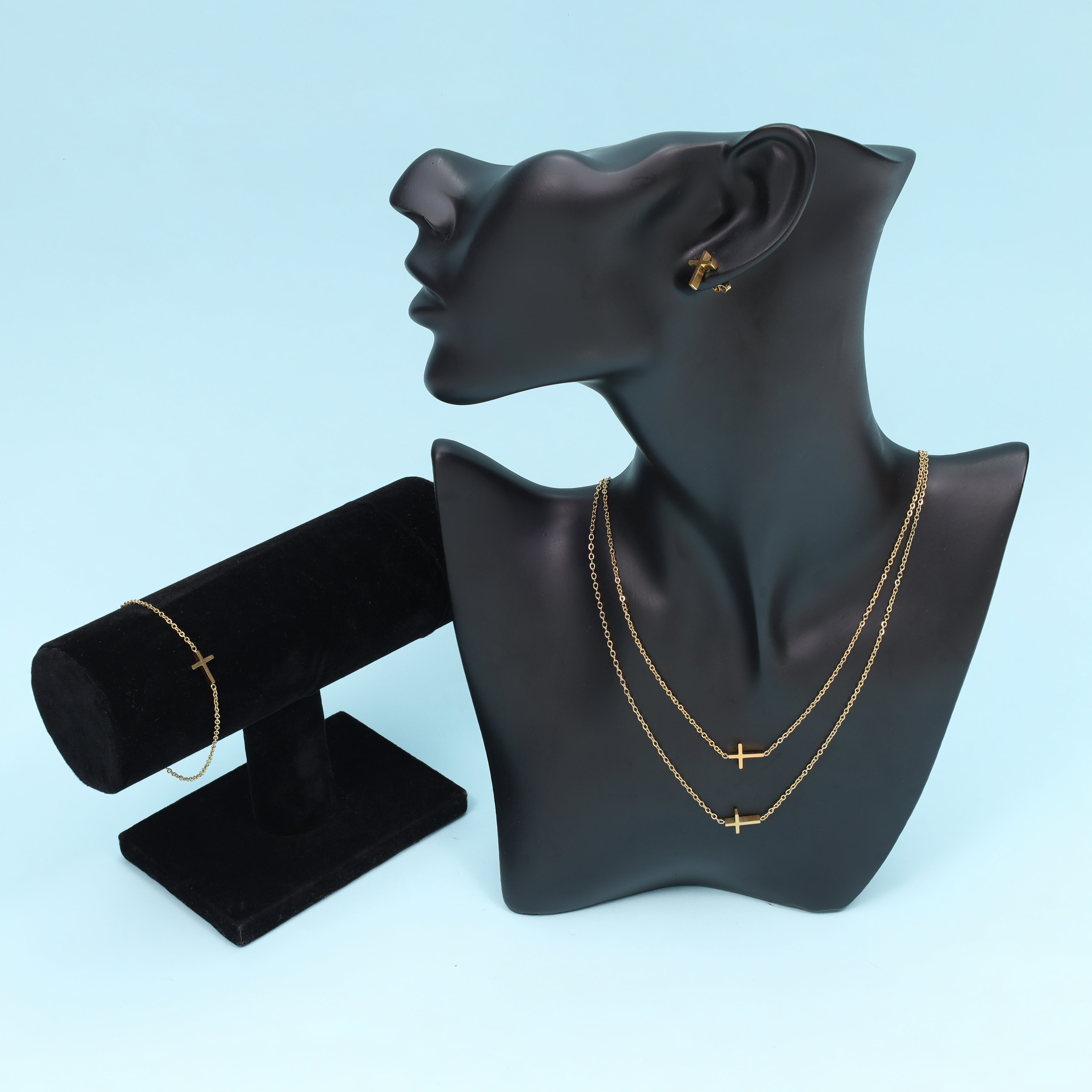 Damen Set Ankerkette mit Kreuz Anhänger, Ohrringe & Armband aus Edelstahl 18K Vergoldet - Taipan Schmuck