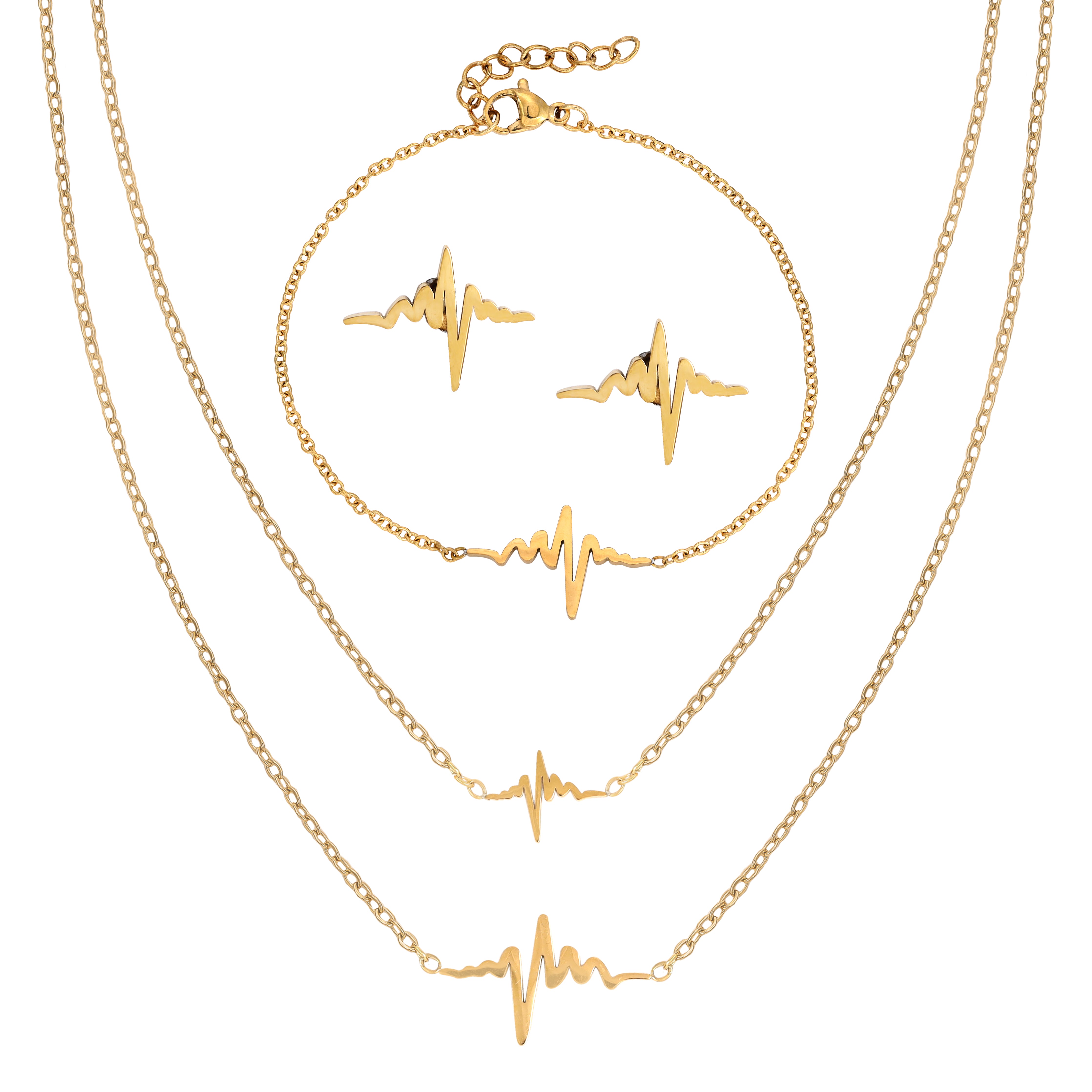 Women's Set Anchor Chain Heartbeat Pendant, Earrings & Bracelet Made of Stainless Steel 18K Gold Plated