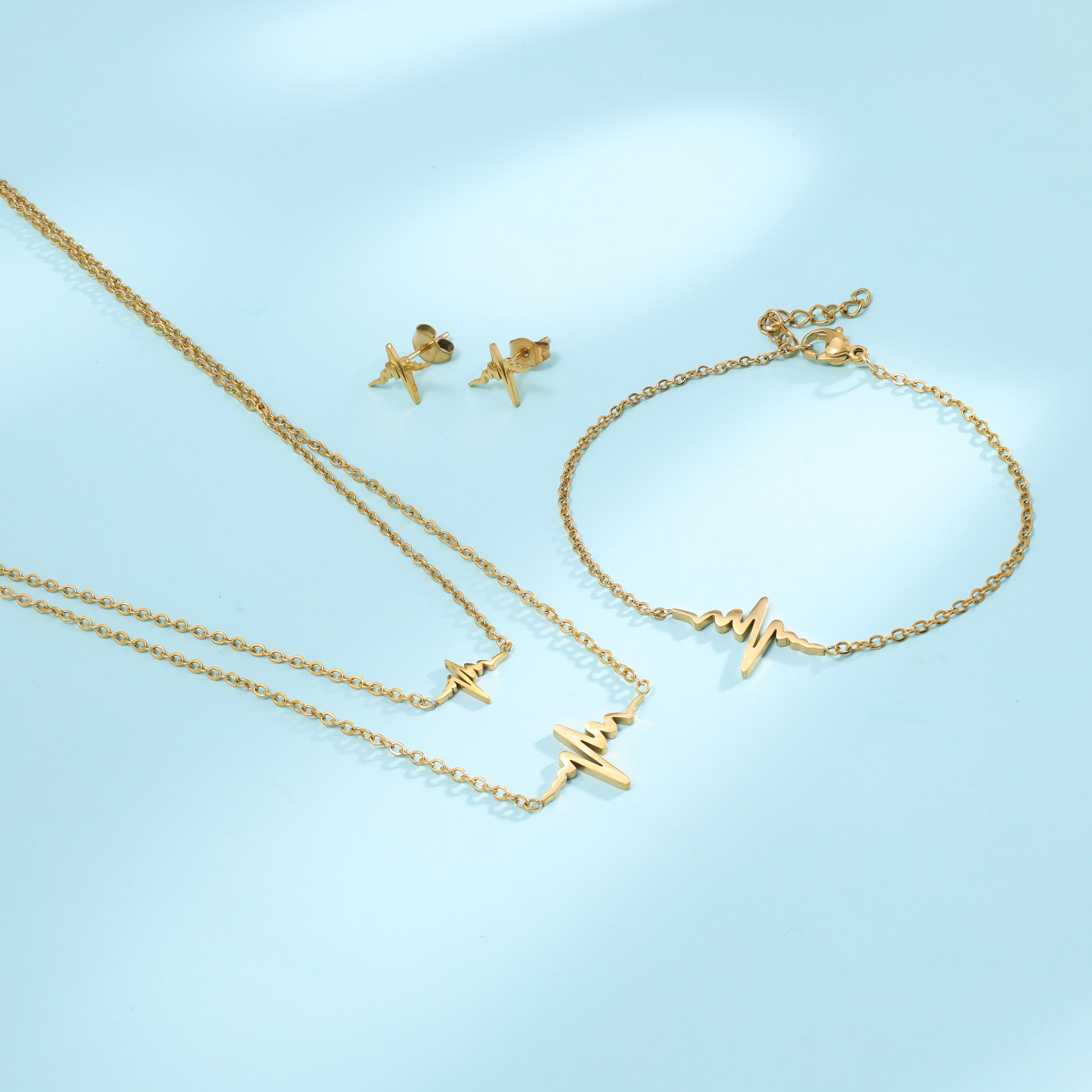 Women's Set Anchor Chain Heartbeat Pendant, Earrings & Bracelet Made of Stainless Steel 18K Gold Plated