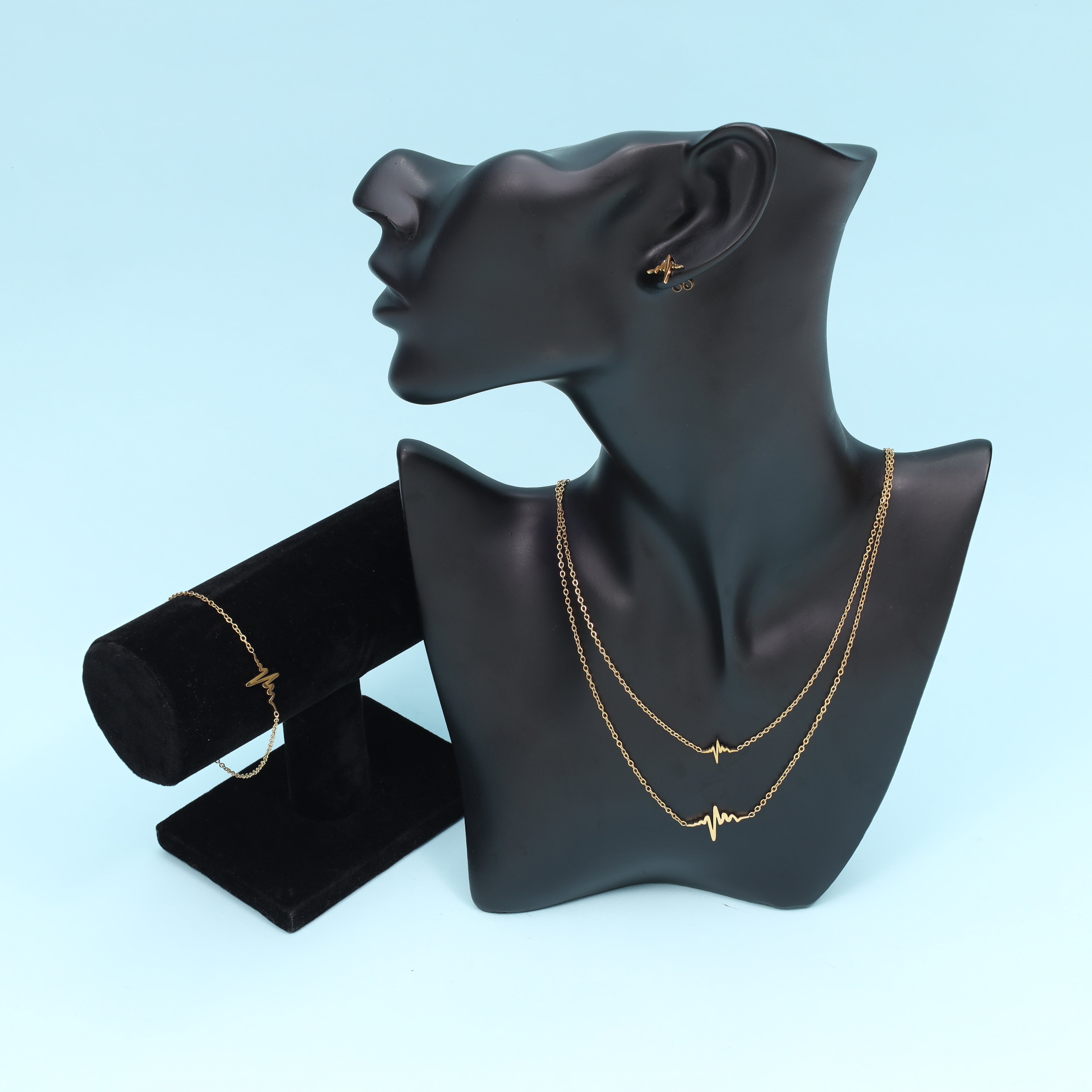 Women's Set Anchor Chain Heartbeat Pendant, Earrings & Bracelet Made of Stainless Steel 18K Gold Plated