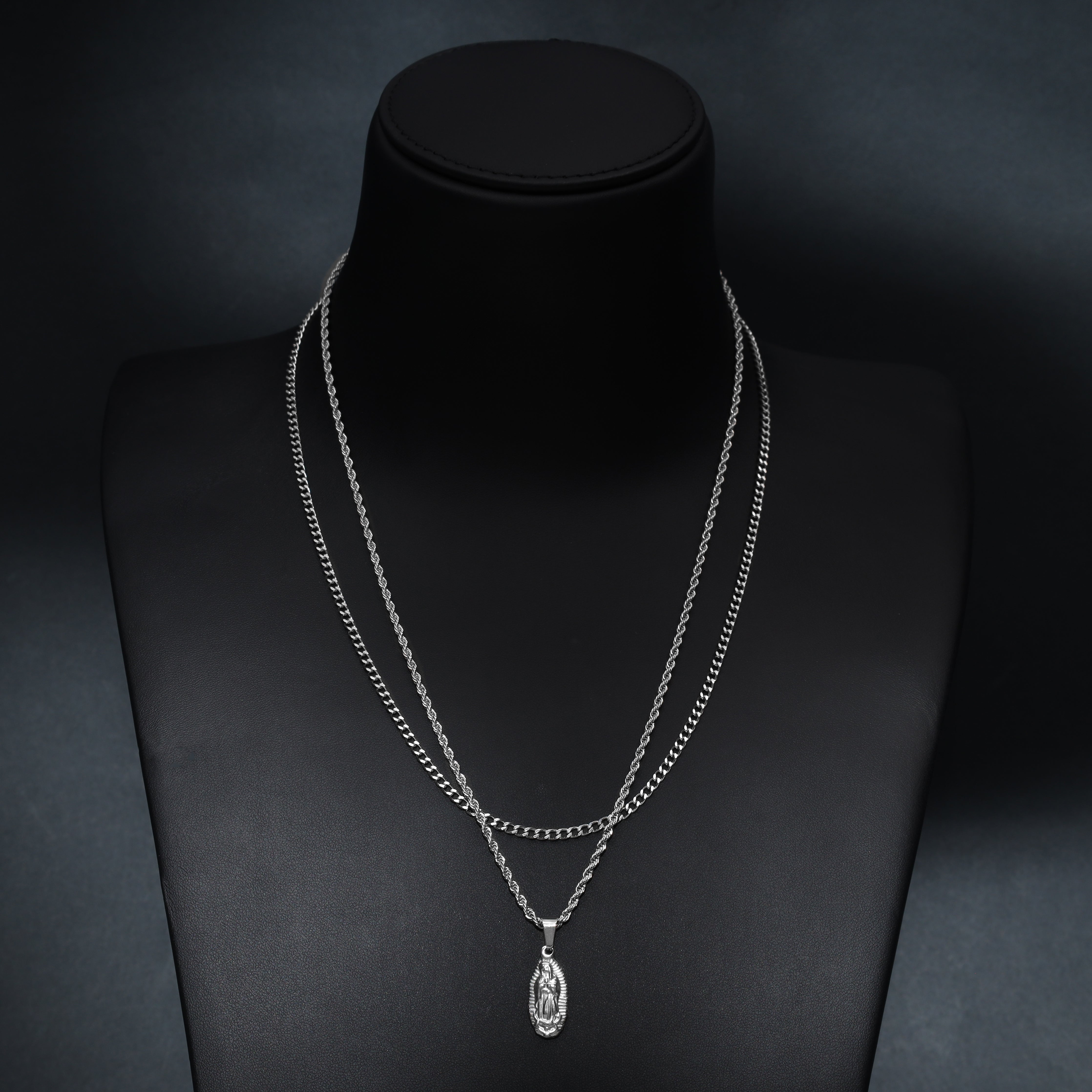 SET Kordelkette + Panzerkette mit Heilige Maria Anhänger aus Edelstahl - Taipan Schmuck