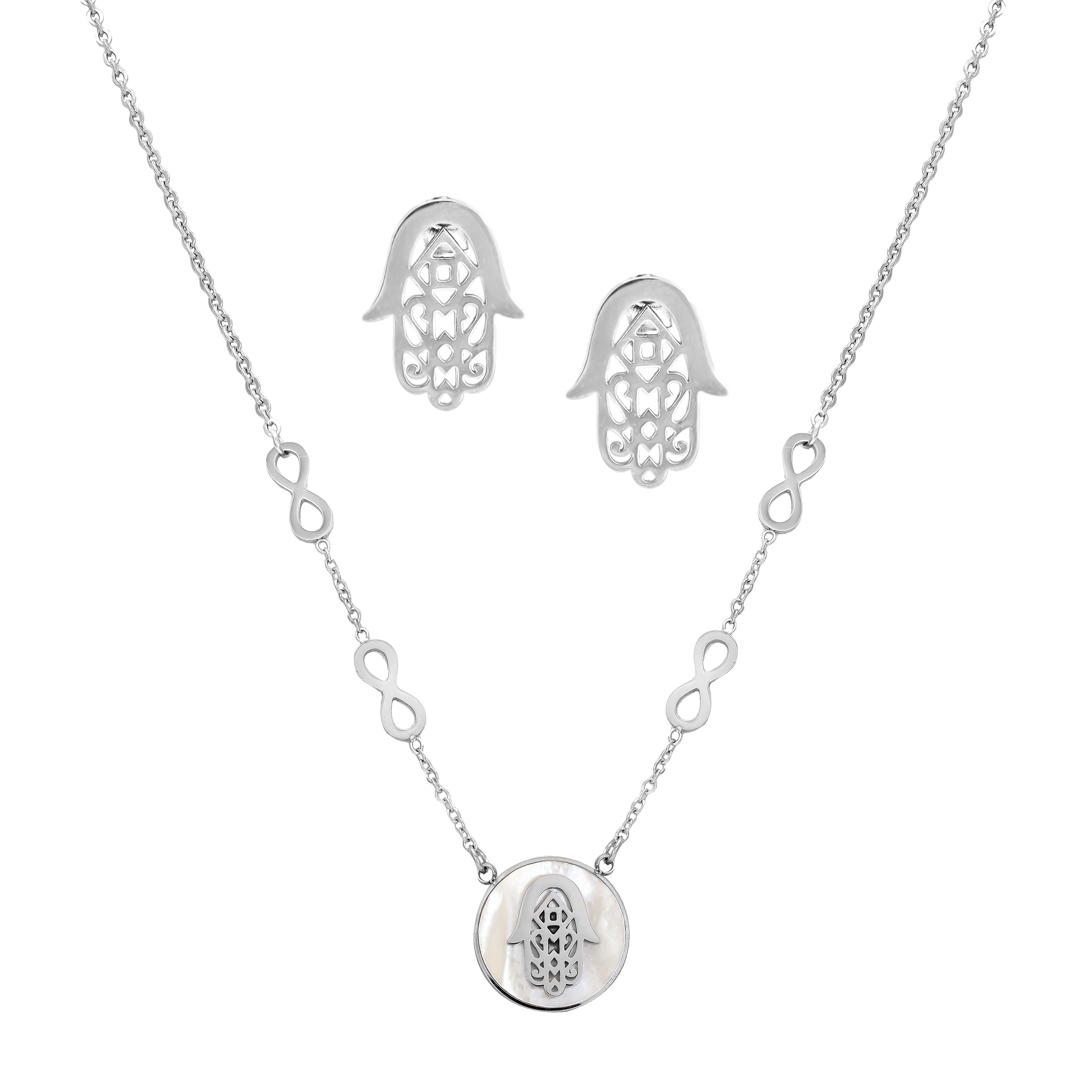Damen Set Ankerkette mit Hand der Fatima Hamza Anhänger, Ohrringe aus Edelstahl - Taipan Schmuck