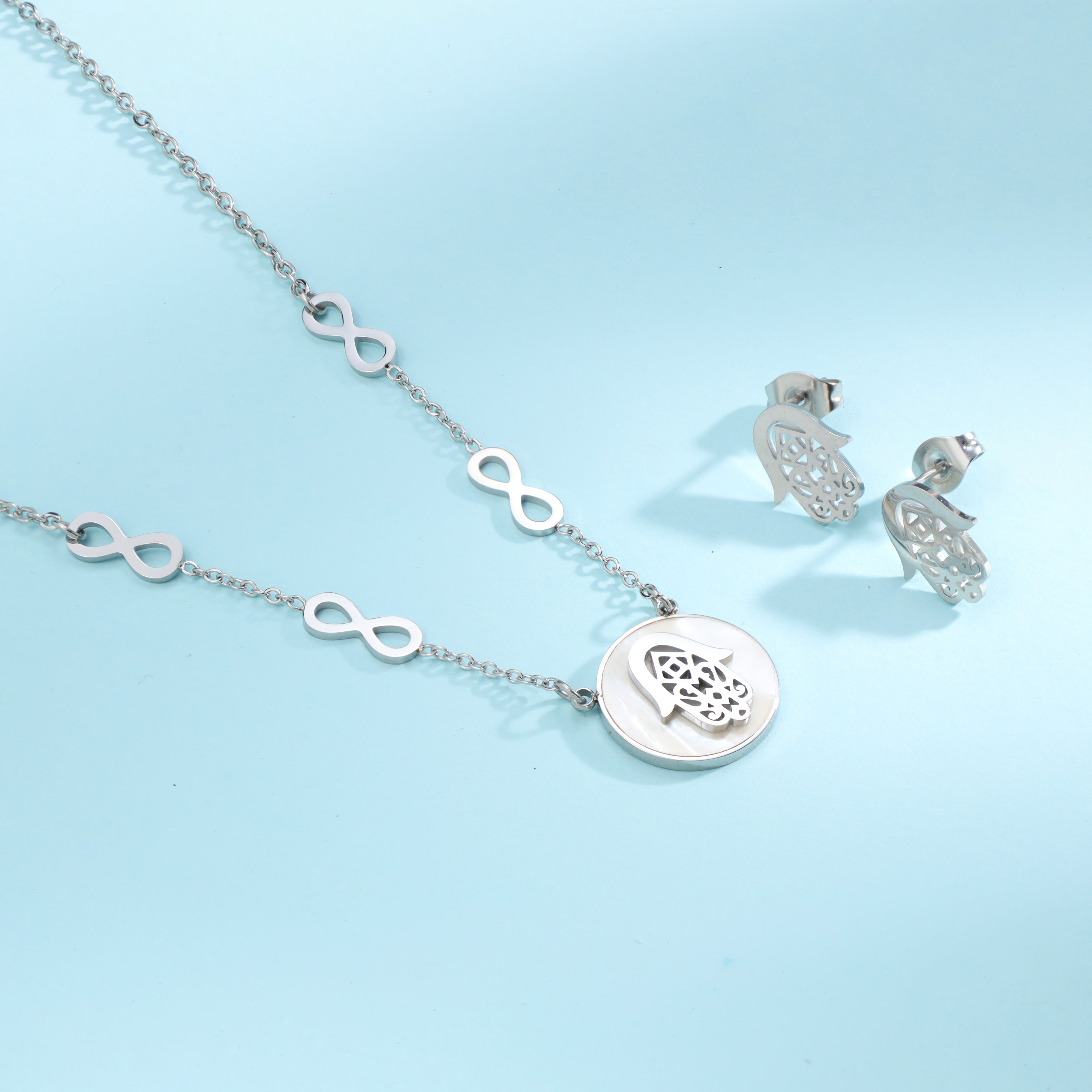Damen Set Ankerkette mit Hand der Fatima Hamza Anhänger, Ohrringe aus Edelstahl - Taipan Schmuck