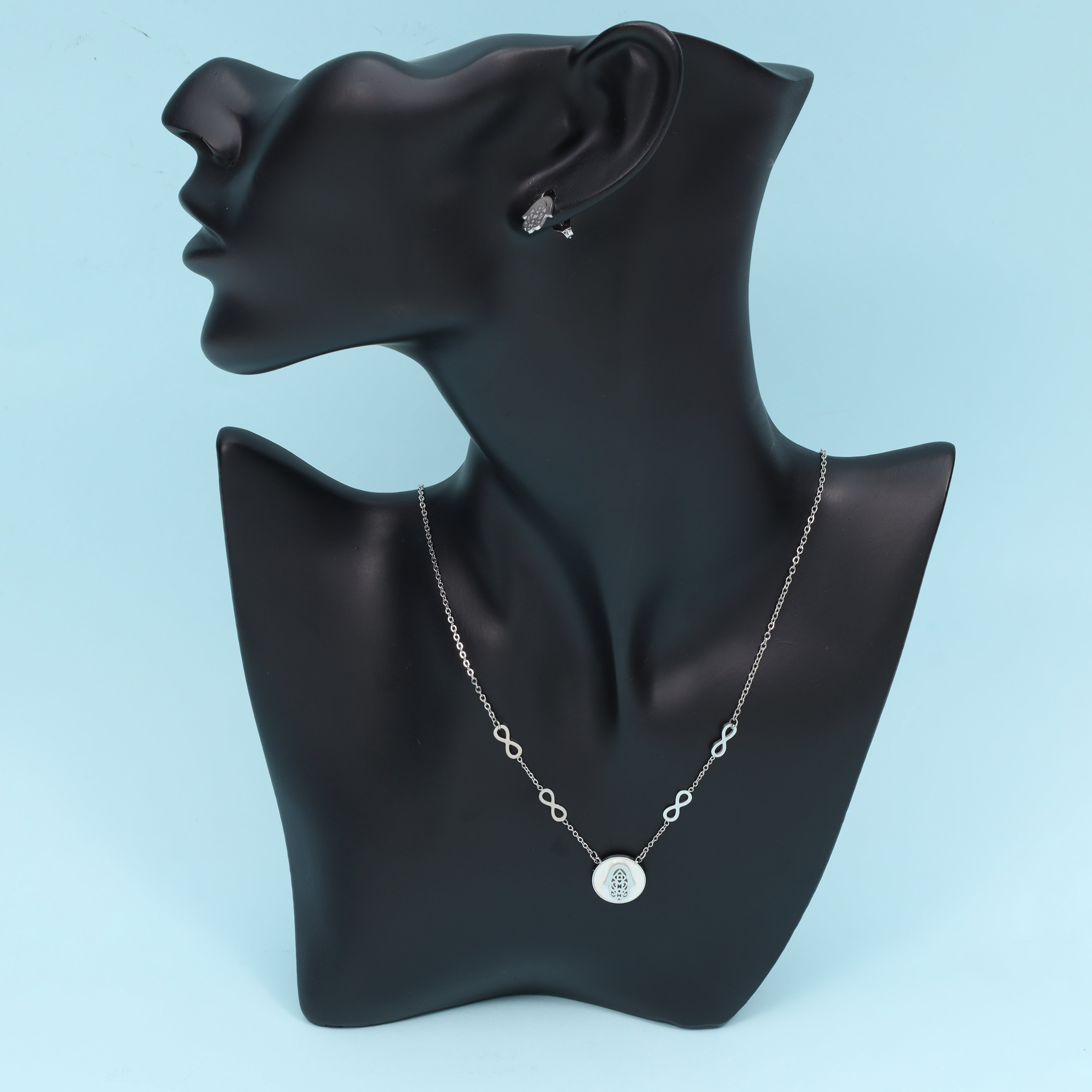 Damen Set Ankerkette mit Hand der Fatima Hamza Anhänger, Ohrringe aus Edelstahl - Taipan Schmuck