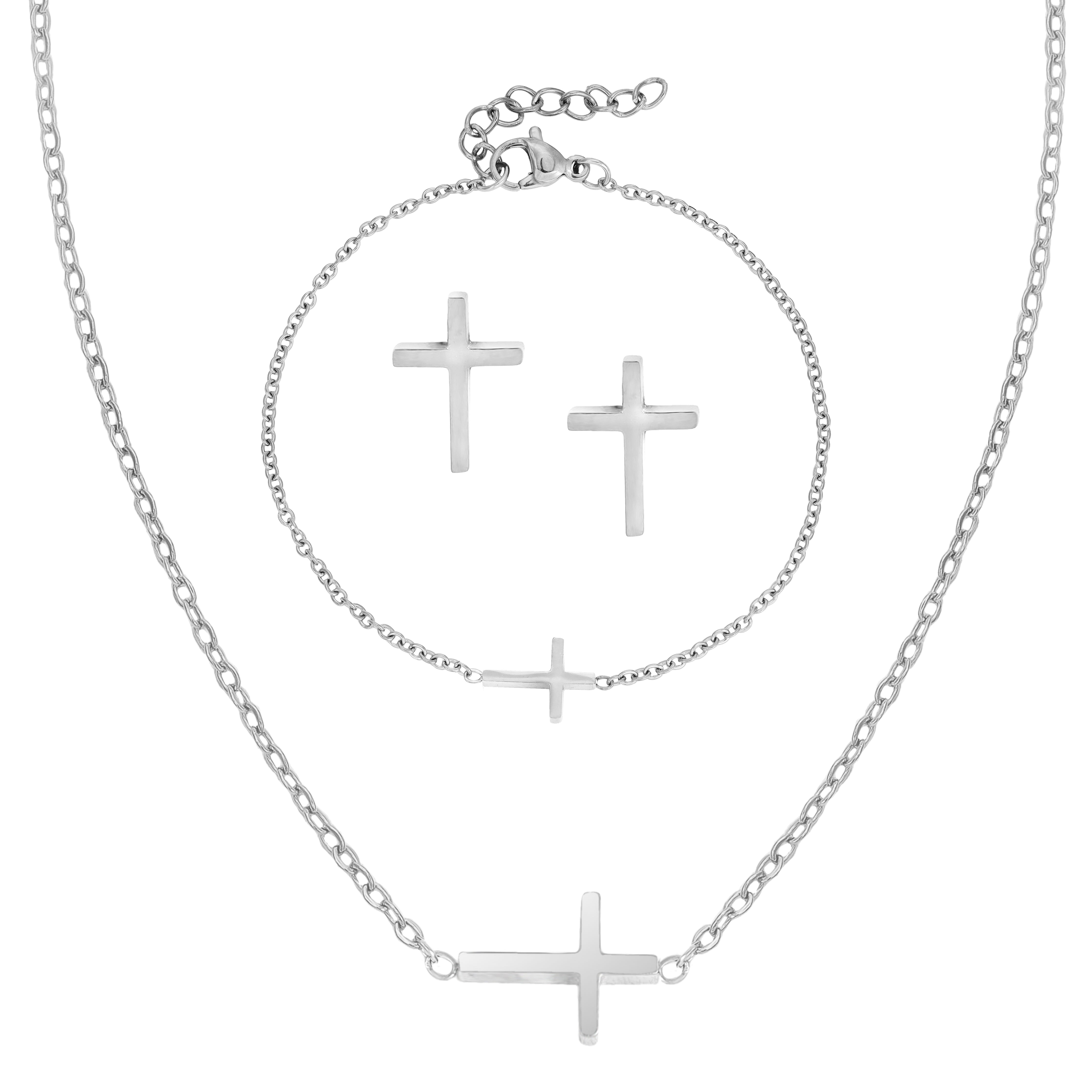 Damen Set Ankerkette mit Kreuz Anhänger, Ohrringe, Armband aus Edelstahl - Taipan Schmuck