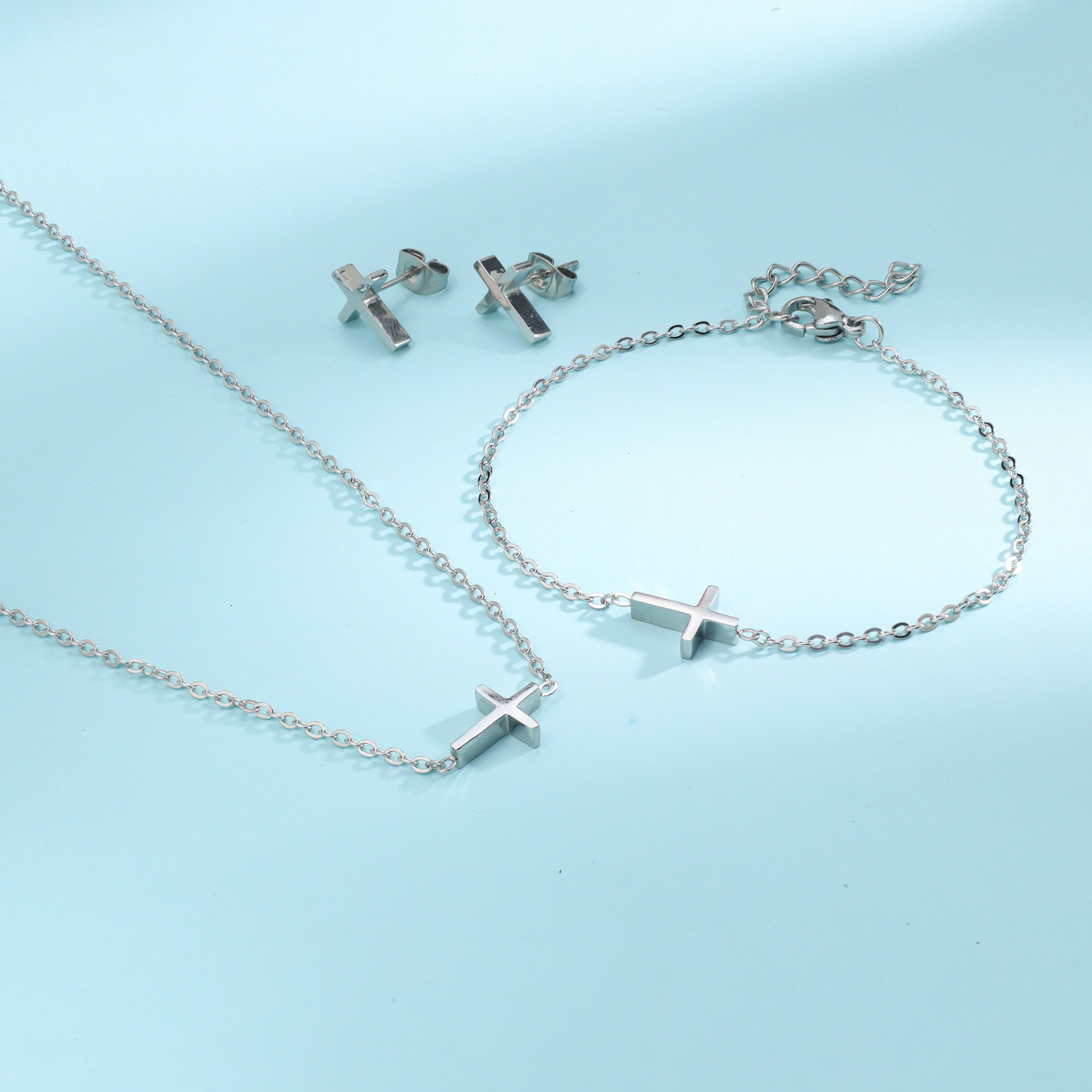 Damen Set Ankerkette mit Kreuz Anhänger, Ohrringe, Armband aus Edelstahl - Taipan Schmuck