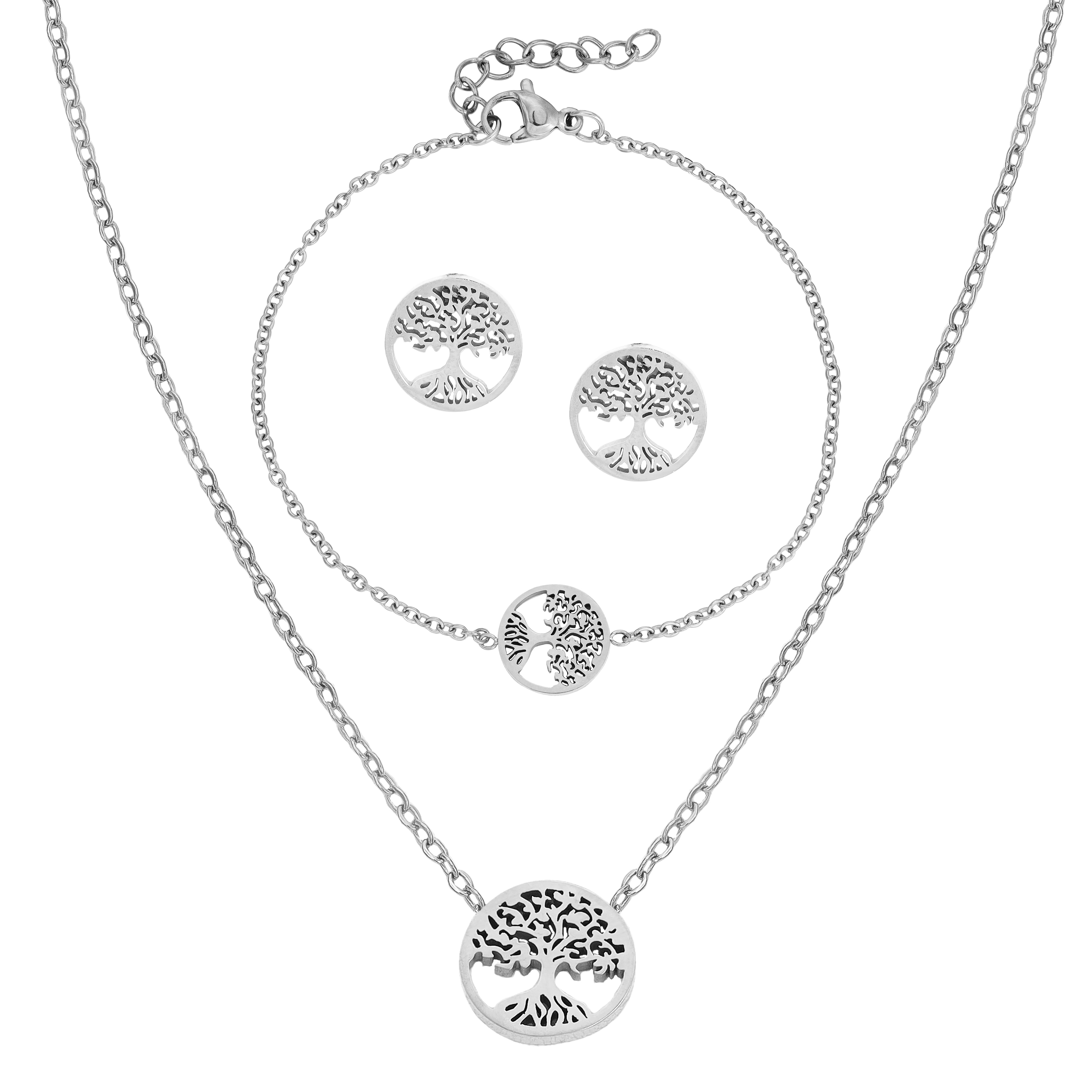 Damen Set Ankerkette Baum des Lebens Anhänger, Ohrringe, Armband aus Edelstahl