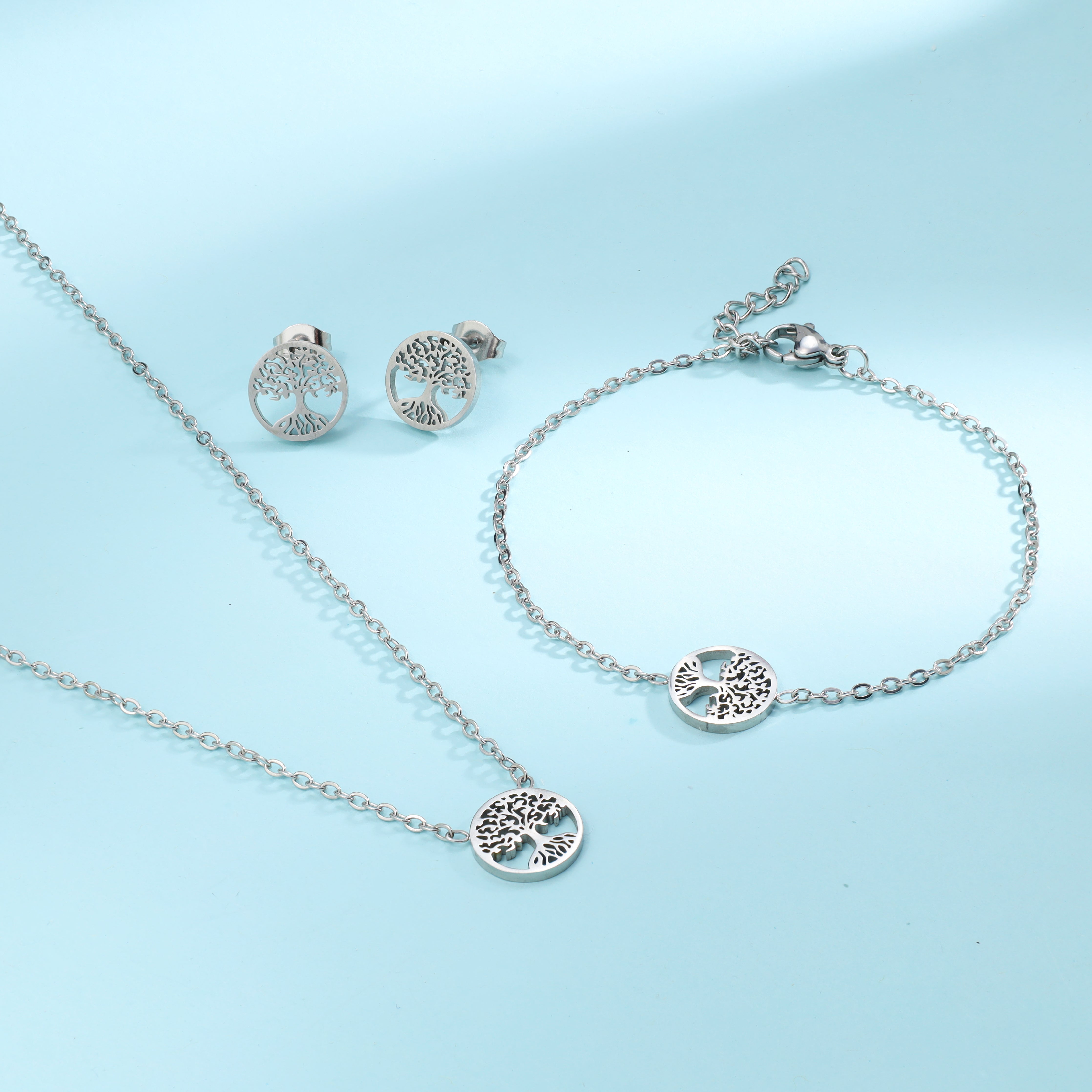 Damen Set Ankerkette Baum des Lebens Anhänger, Ohrringe, Armband aus Edelstahl