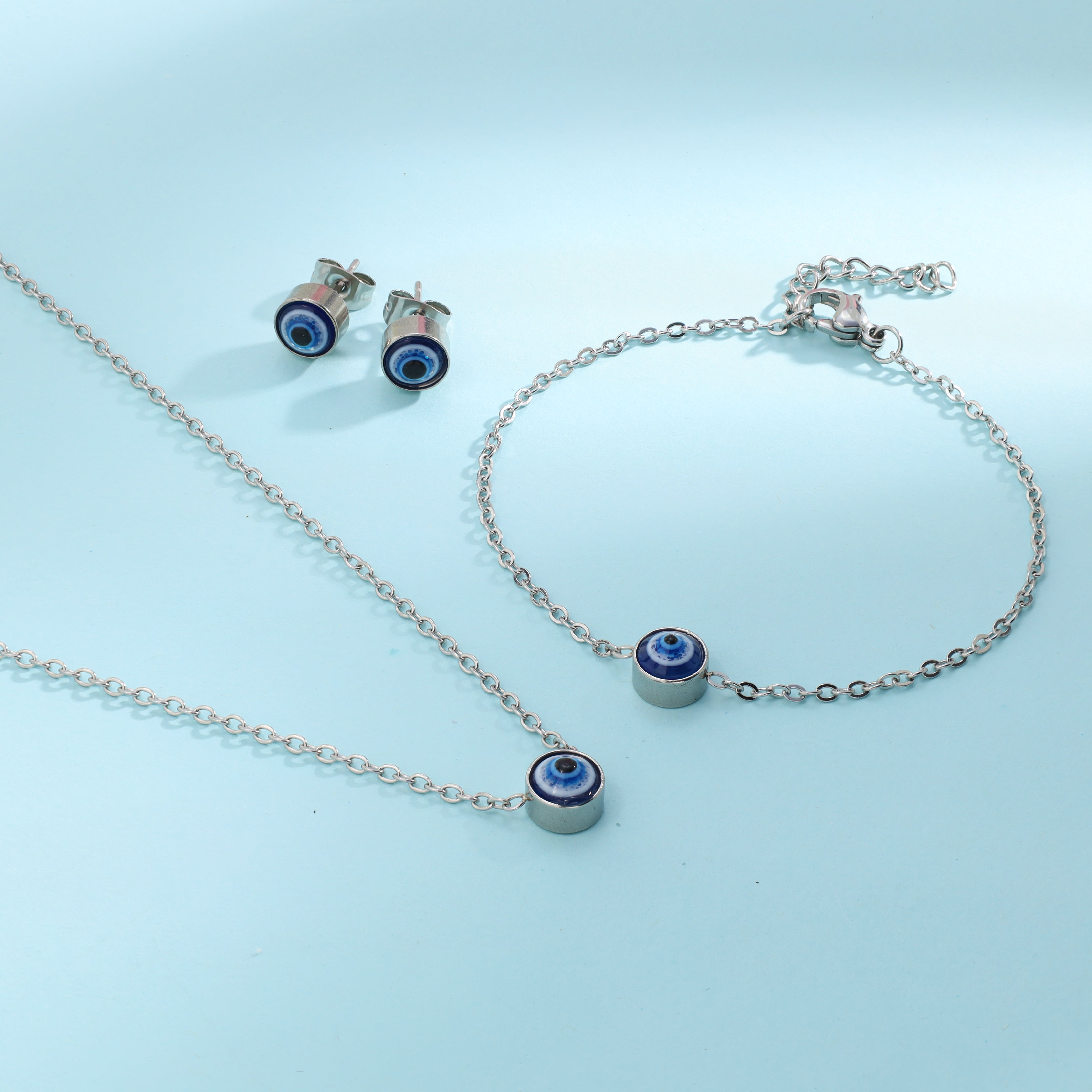 Damen Set Ankerkette Evil Eye Anhänger, Ohrringe, Armband aus Edelstahl - Taipan Schmuck