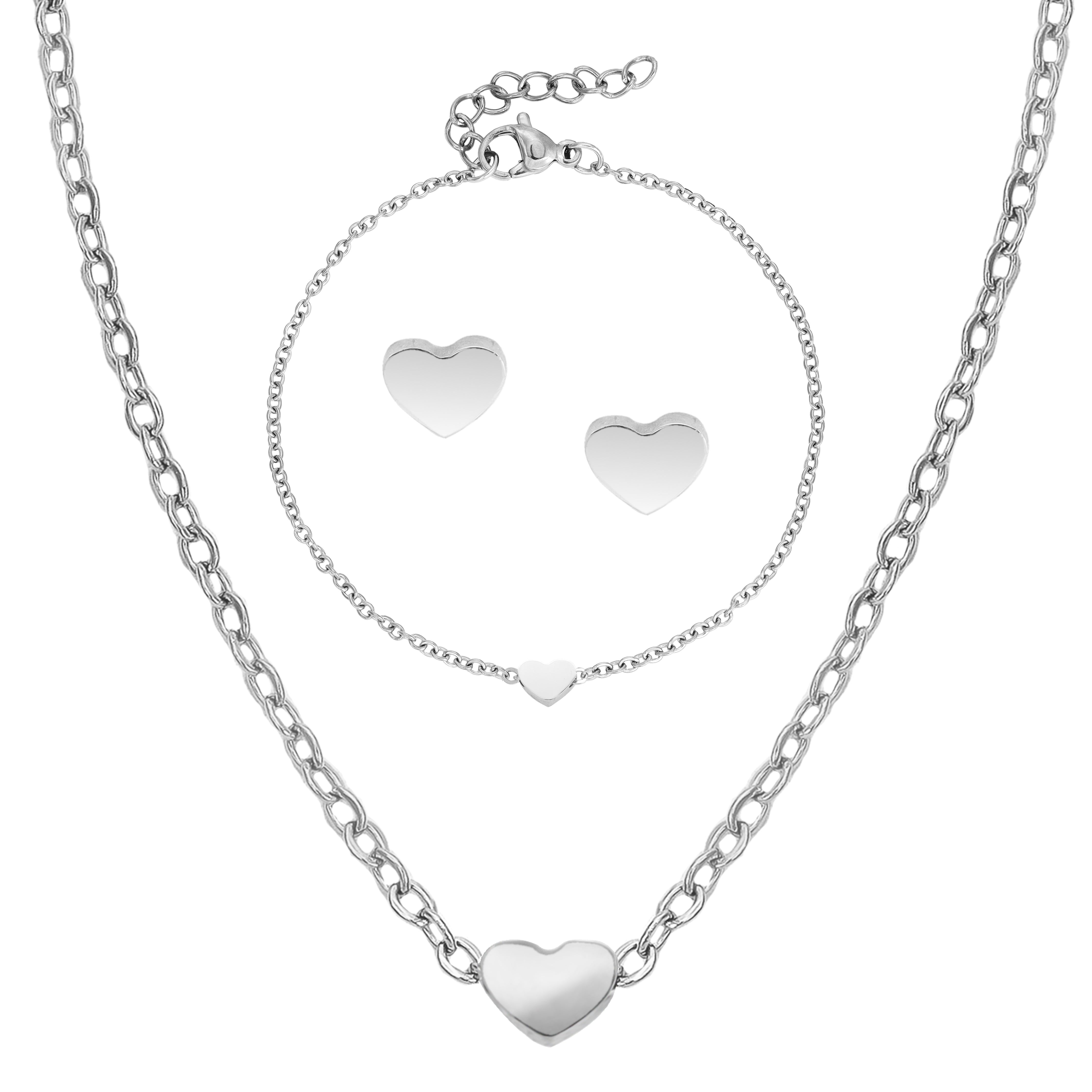 Damen Set Ankerkette mit Hertz Anhänger, Ohrringe, Armband aus Edelstahl - Taipan Schmuck