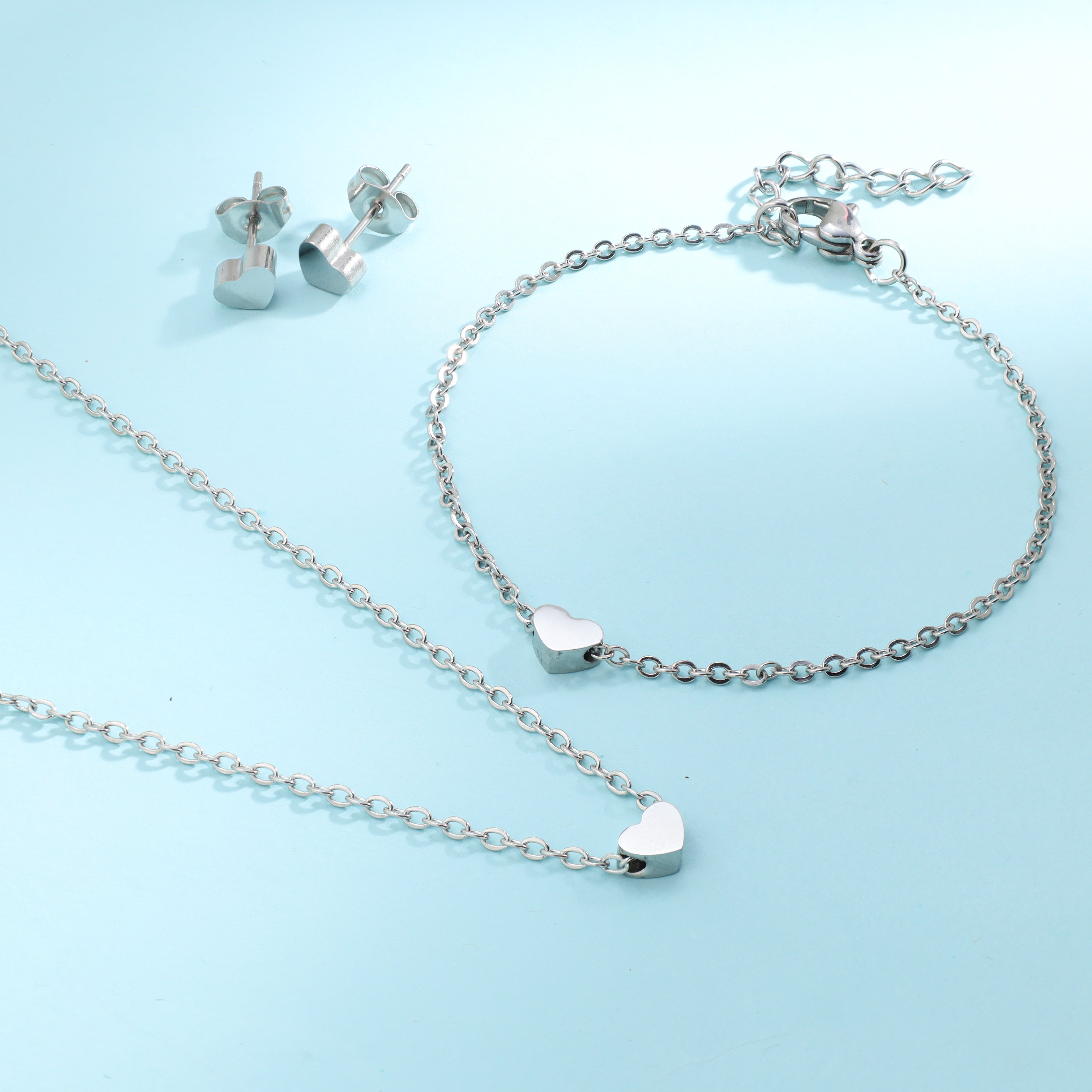 Damen Set Ankerkette mit Hertz Anhänger, Ohrringe, Armband aus Edelstahl - Taipan Schmuck