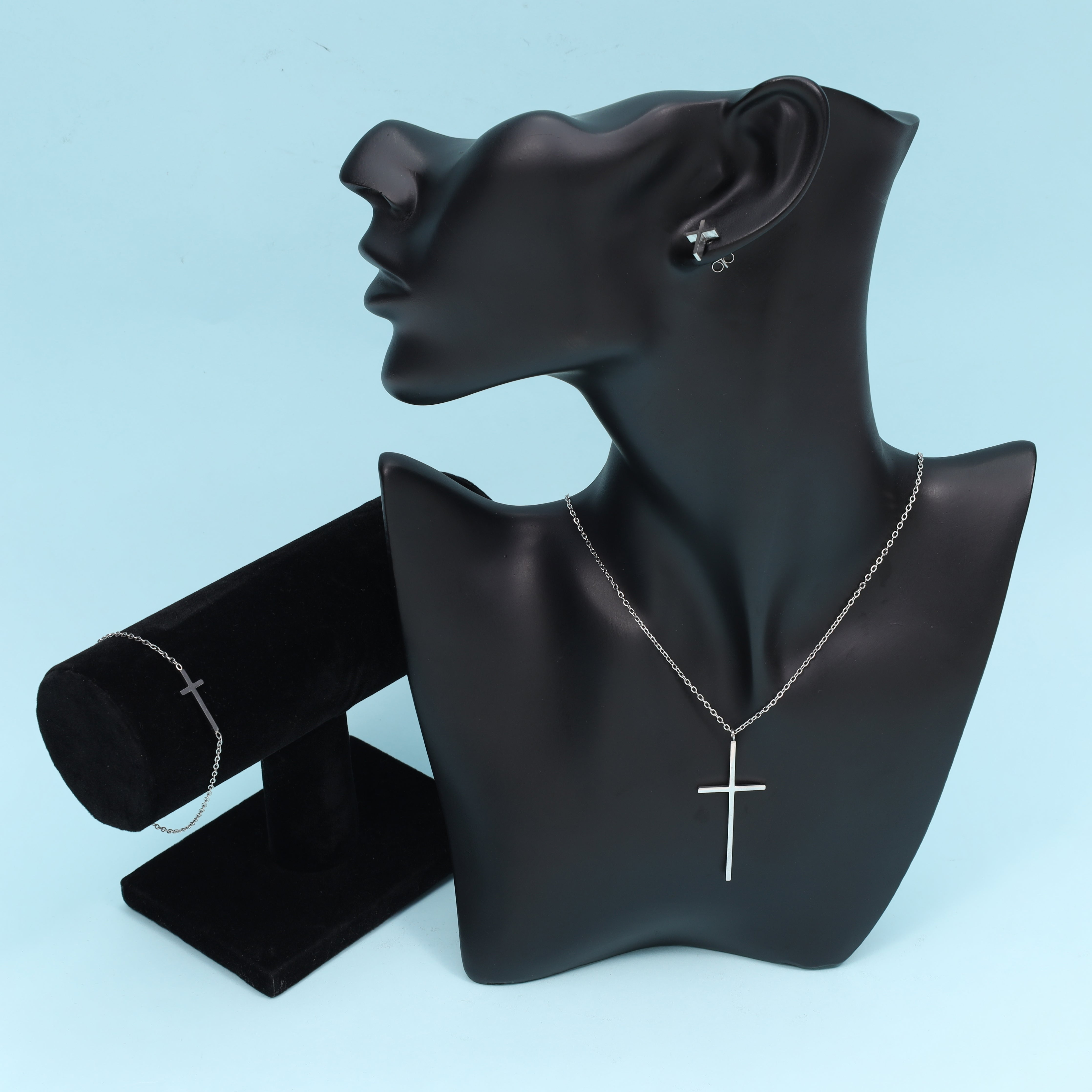 Damen Set Ankerkette mit Kreuz Anhänger, Ohrringe, Armband aus Edelstahl - Taipan Schmuck