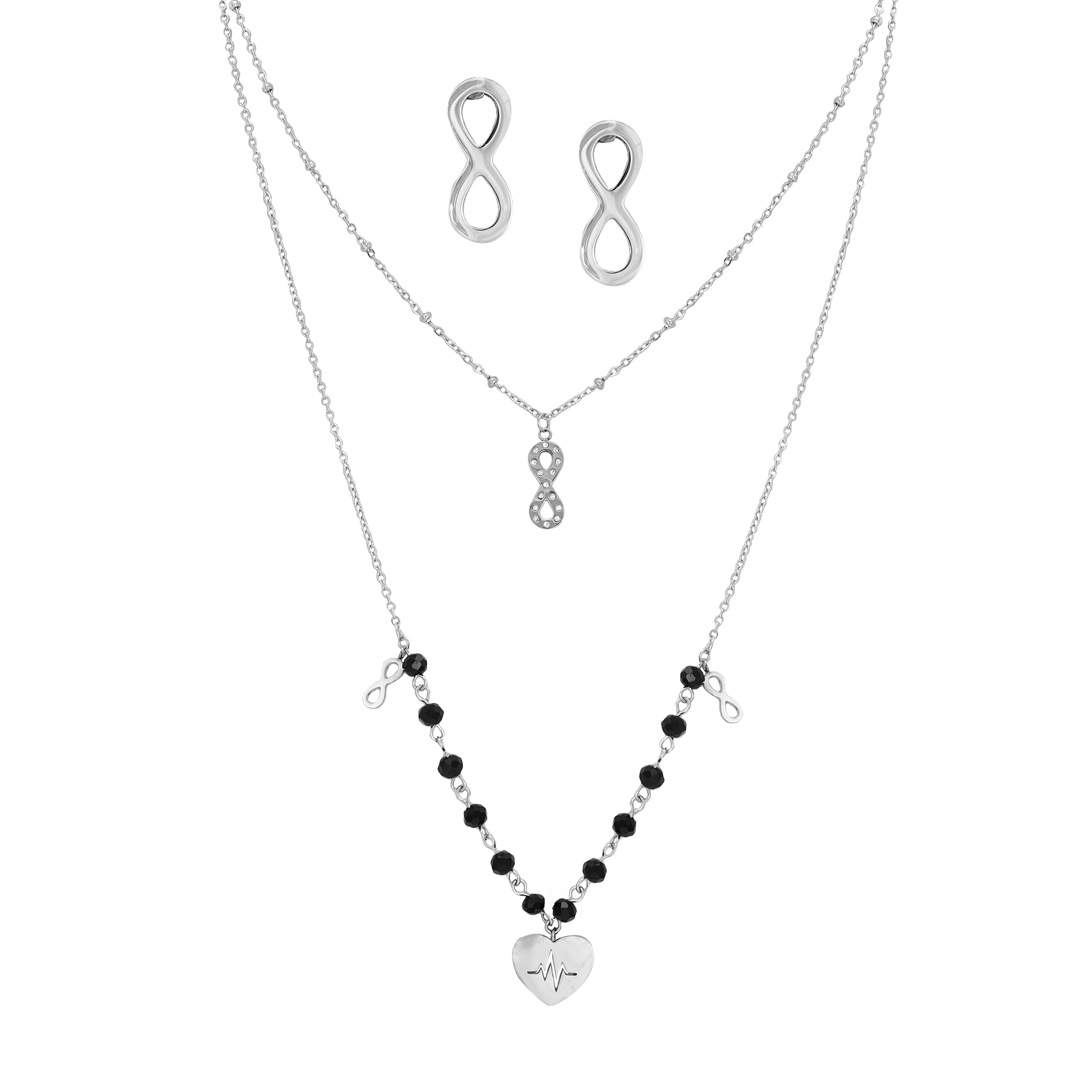 Damen Set Infinity mit Herz Anhänger, Ohrringe aus Edelstahl