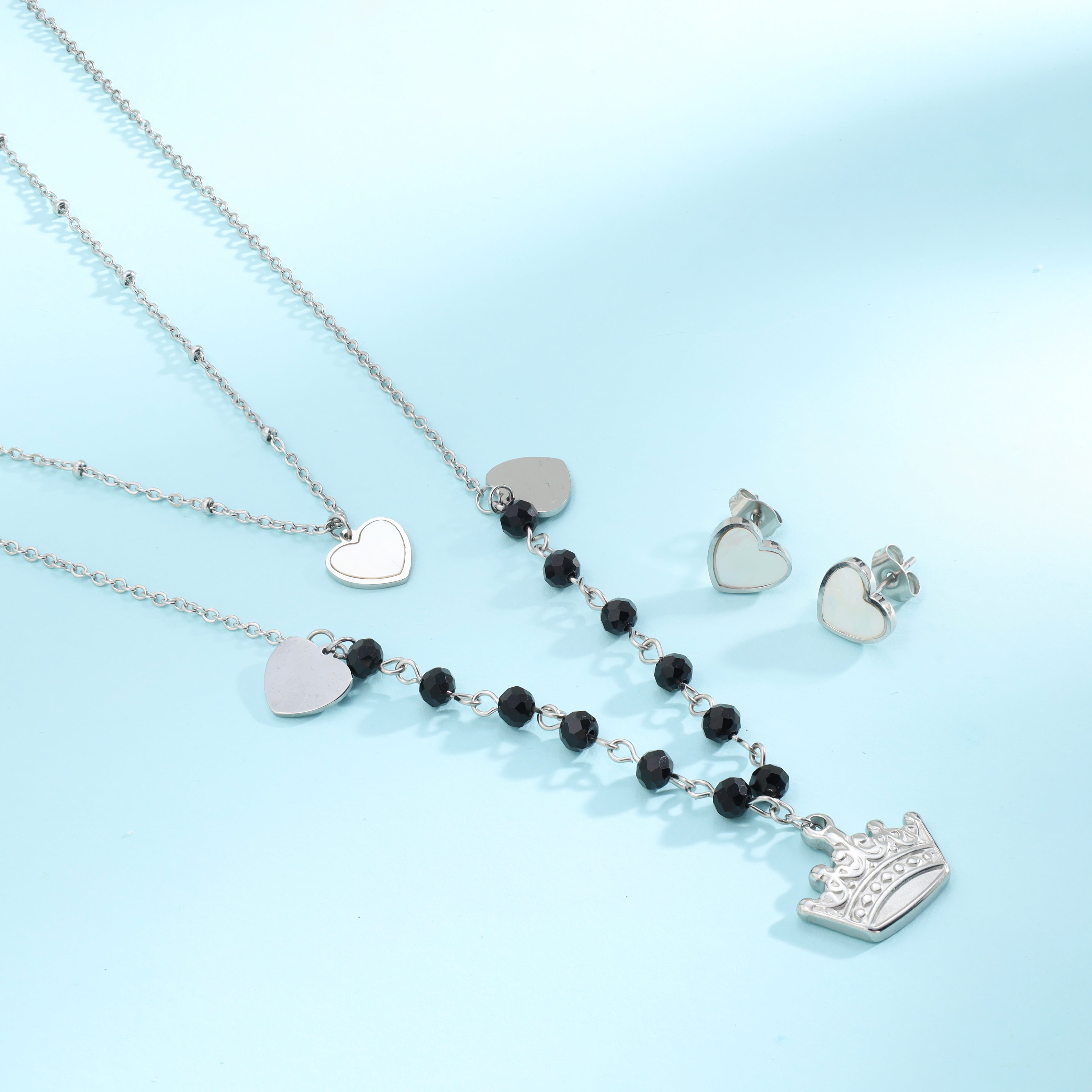 Damen Set Ankerkette mit Krone Herz Anhänger, Ohrringe aus Edelstahl - Taipan Schmuck