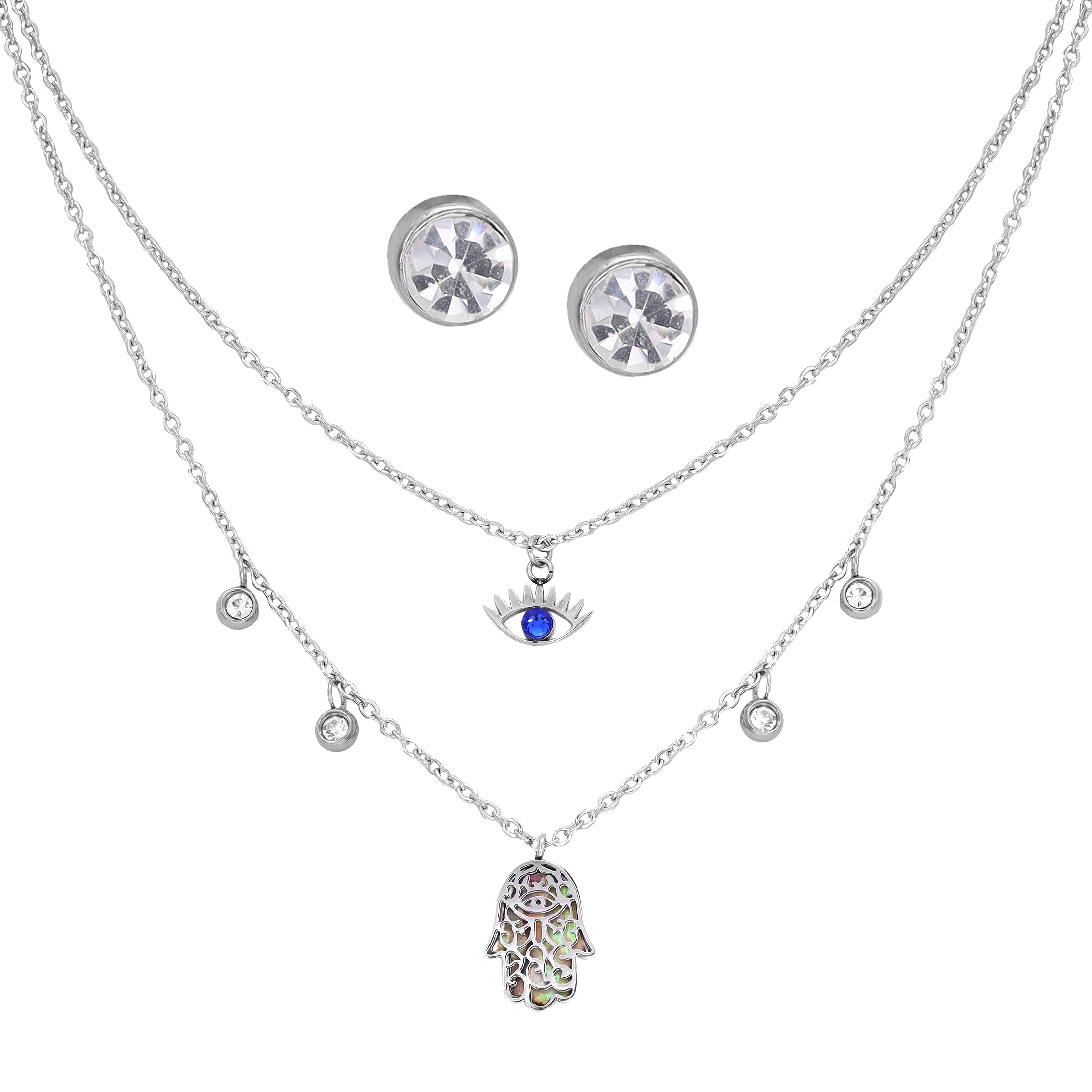 Damen Set Ankerkette mit Hand der Fatima Hamza Anhänger, Ohrringe aus Edelstahl - Taipan Schmuck