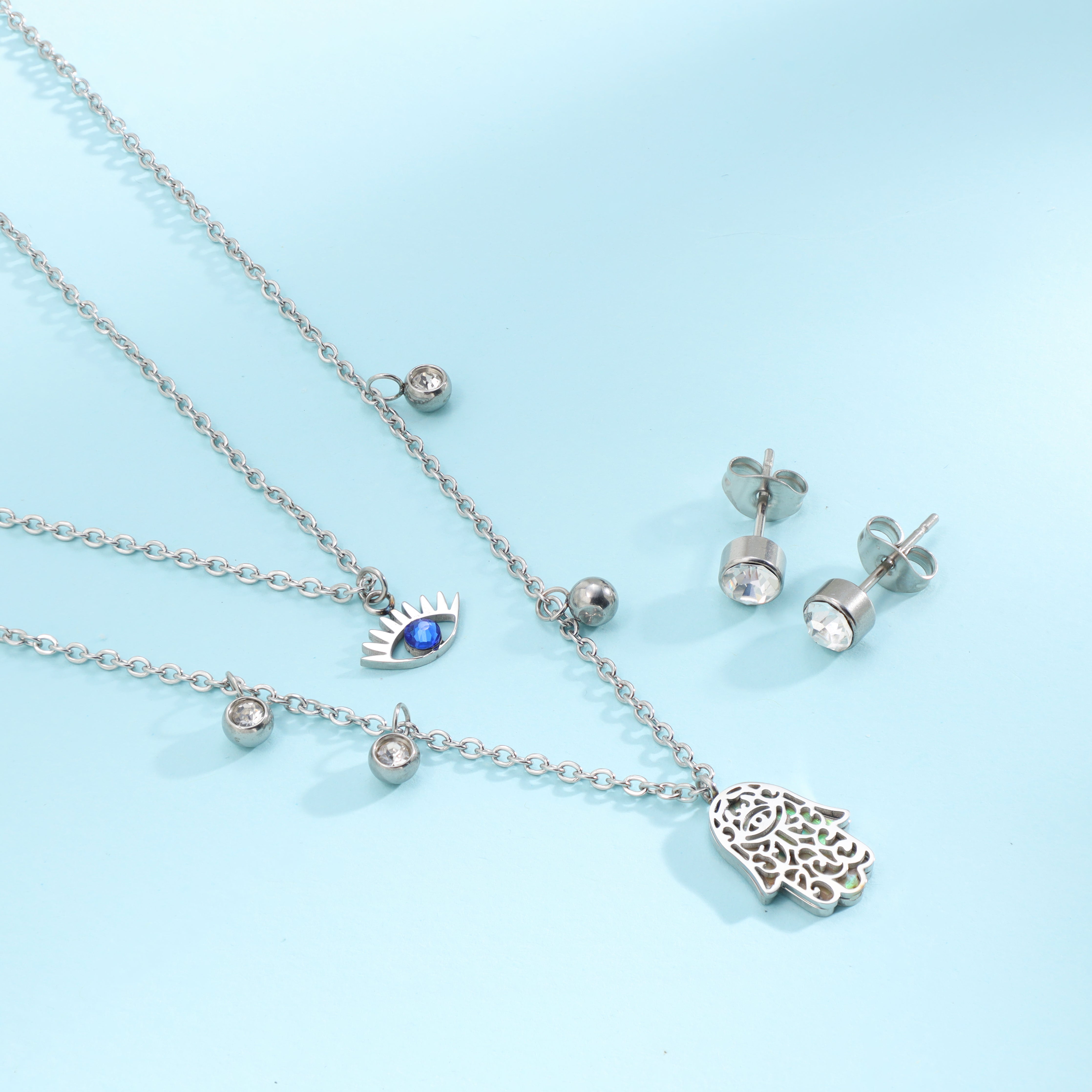 Damen Set Ankerkette mit Hand der Fatima Hamza Anhänger, Ohrringe aus Edelstahl - Taipan Schmuck