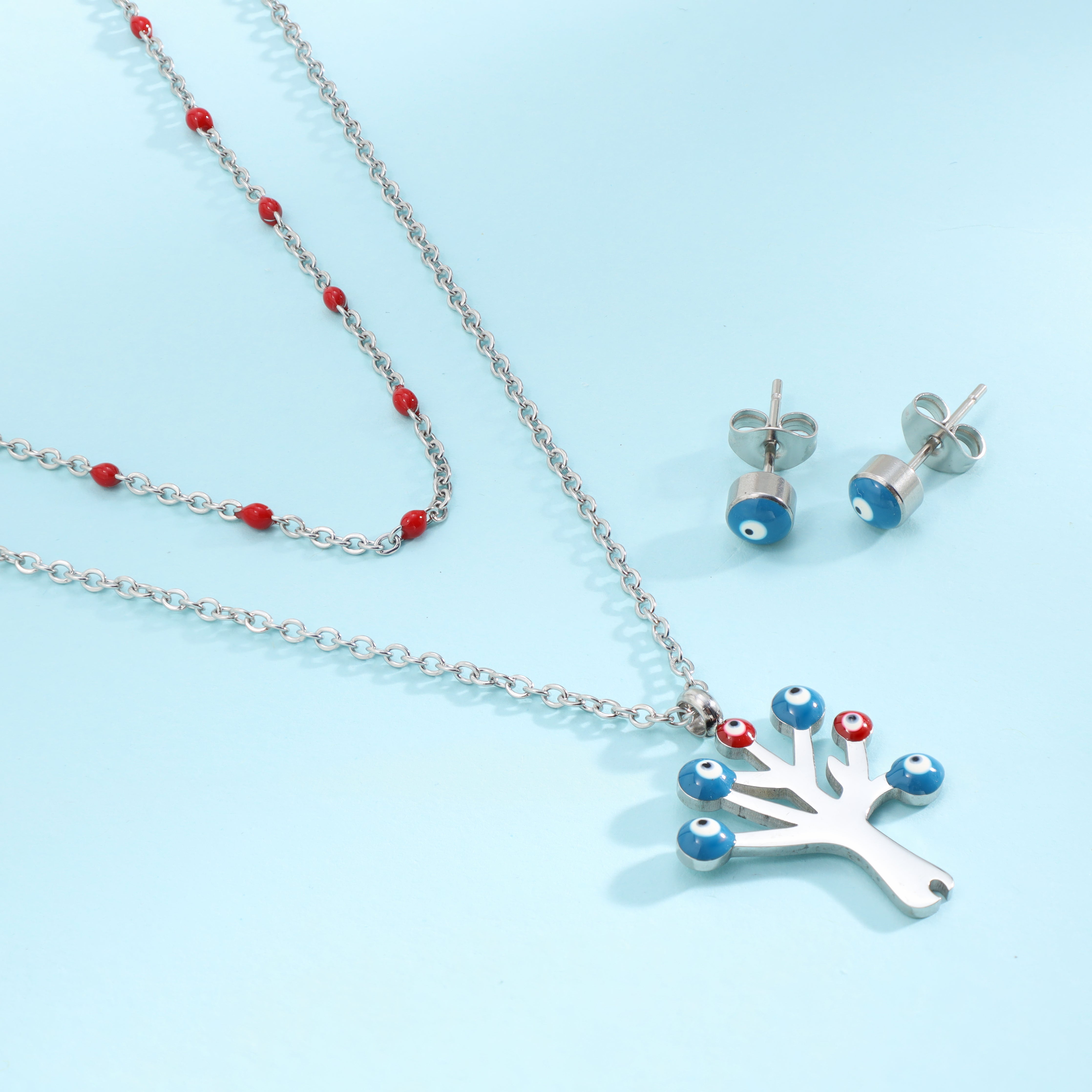 Damen Set Ankerkette mit Evil Eye Anhänger, Ohrringe aus Edelstahl - Taipan Schmuck