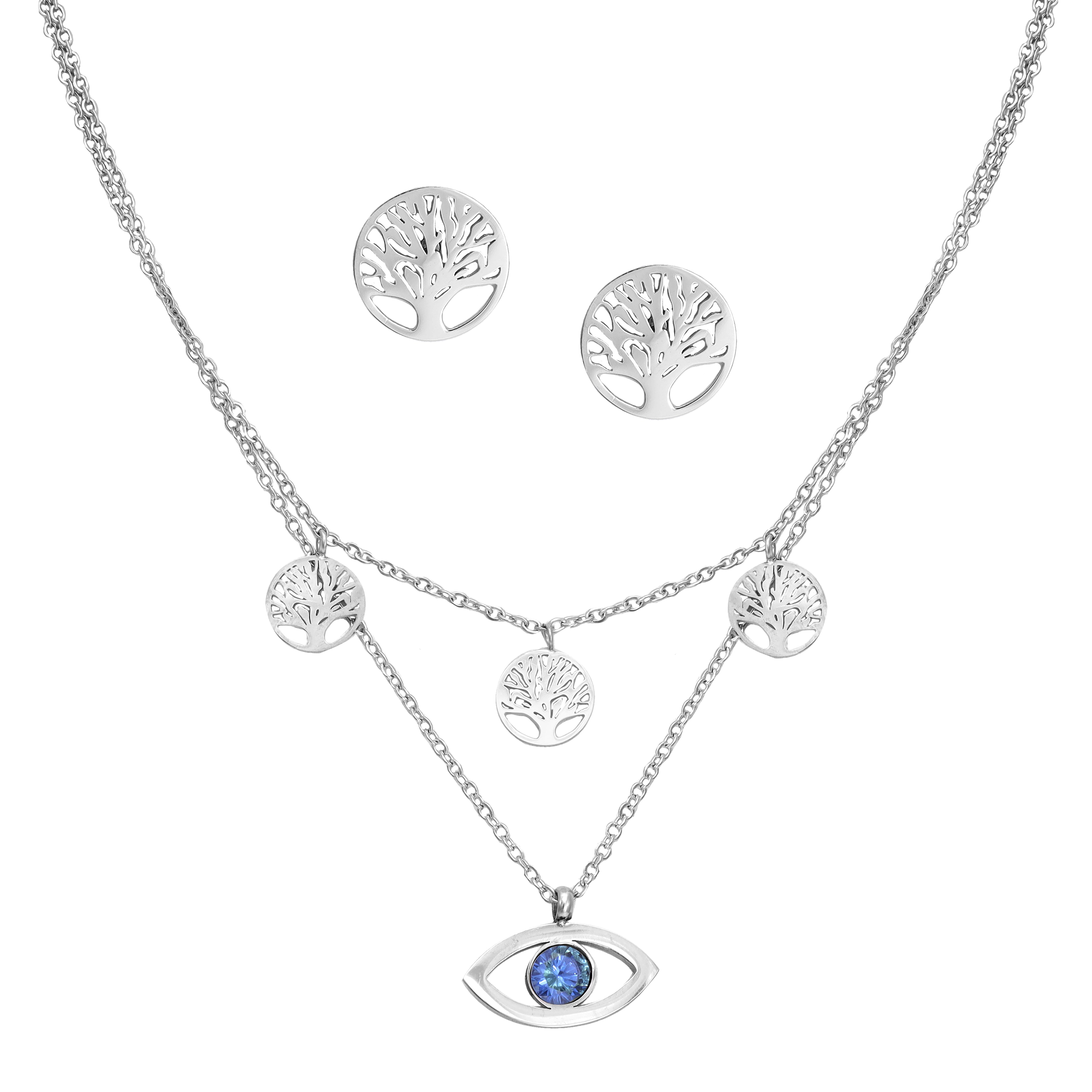 Damen Set Ankerkette mit Evil Eye Baum des Lebens Anhänger, Ohrringe aus Edelstahl - Taipan Schmuck
