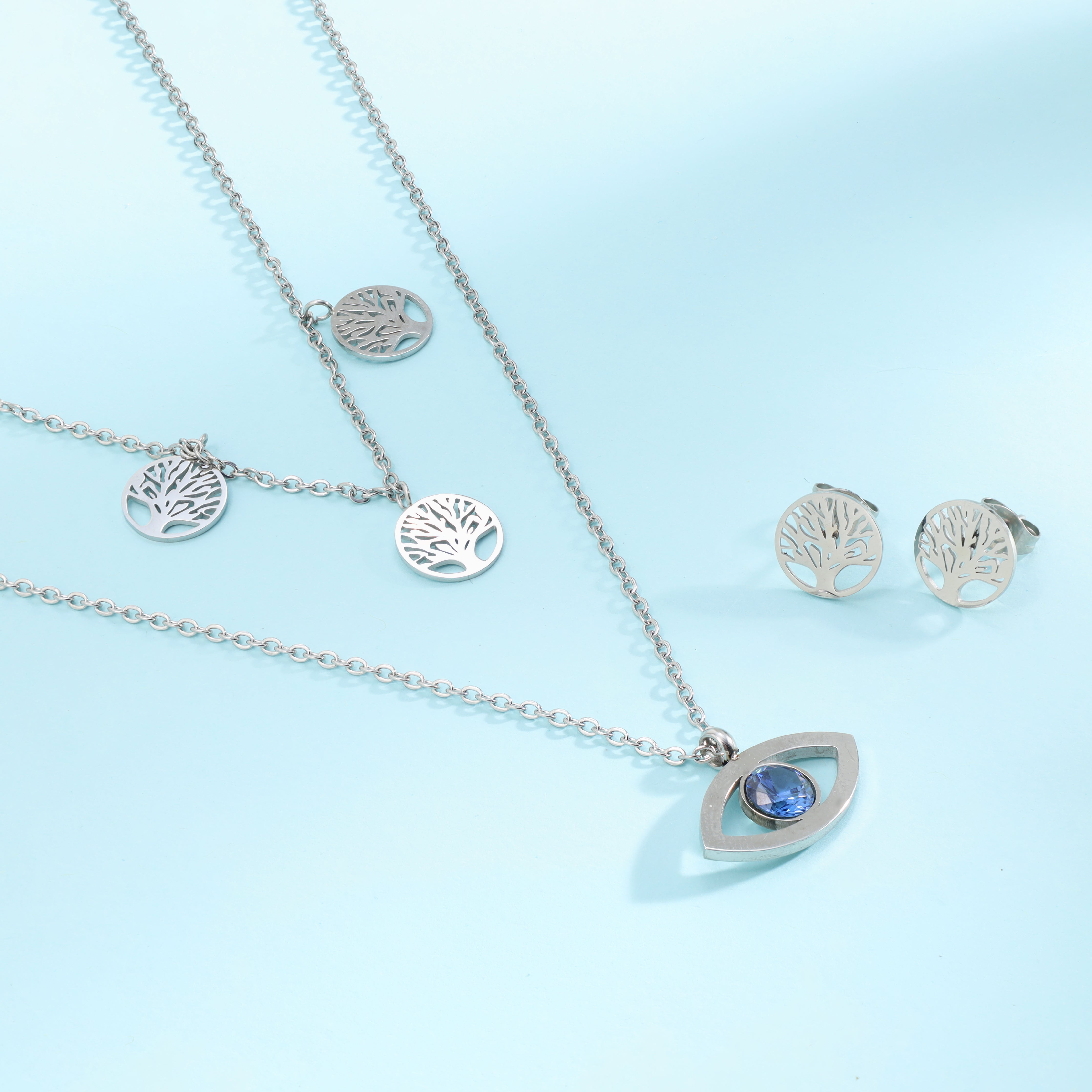 Damen Set Ankerkette mit Evil Eye Baum des Lebens Anhänger, Ohrringe aus Edelstahl - Taipan Schmuck