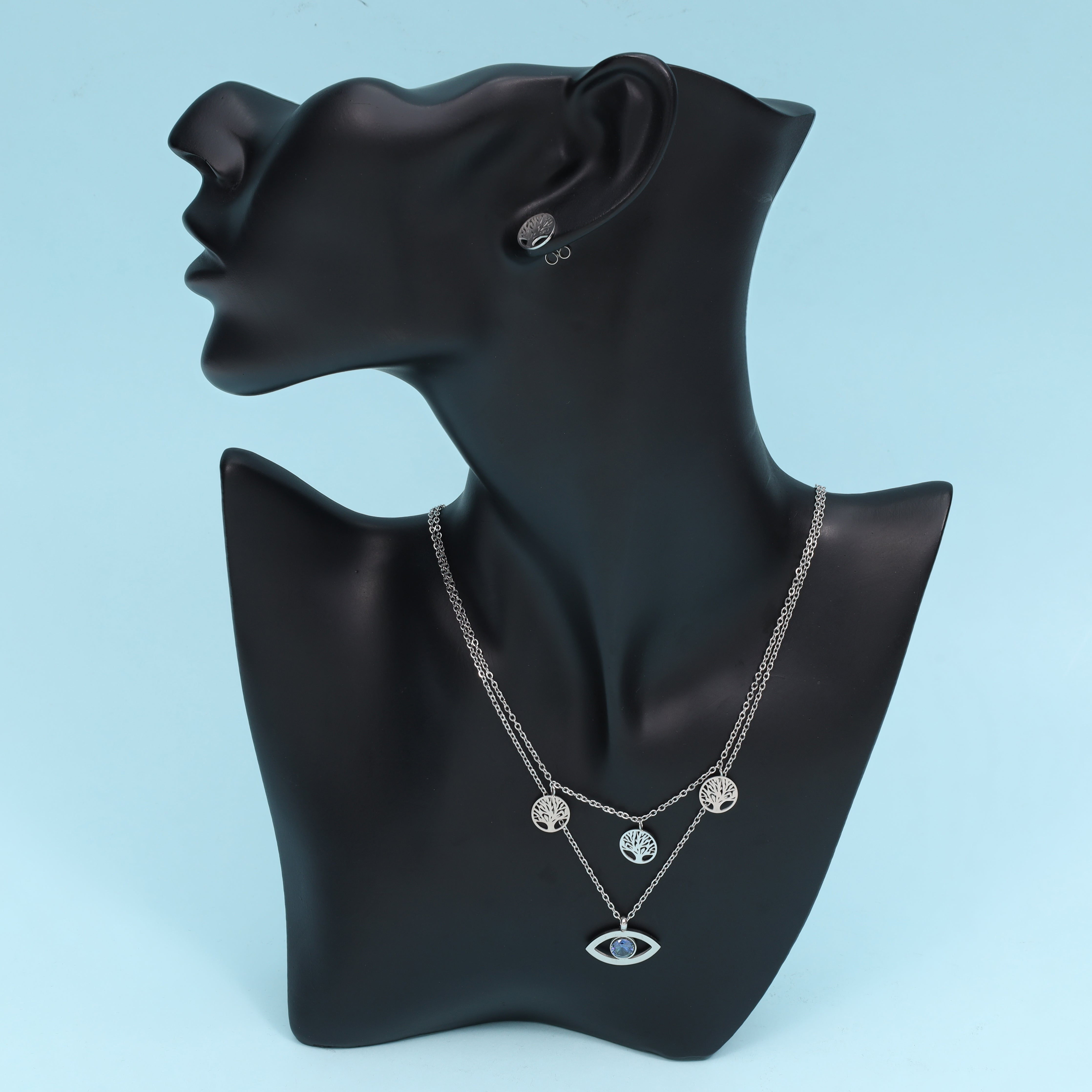 Damen Set Ankerkette mit Evil Eye Baum des Lebens Anhänger, Ohrringe aus Edelstahl - Taipan Schmuck