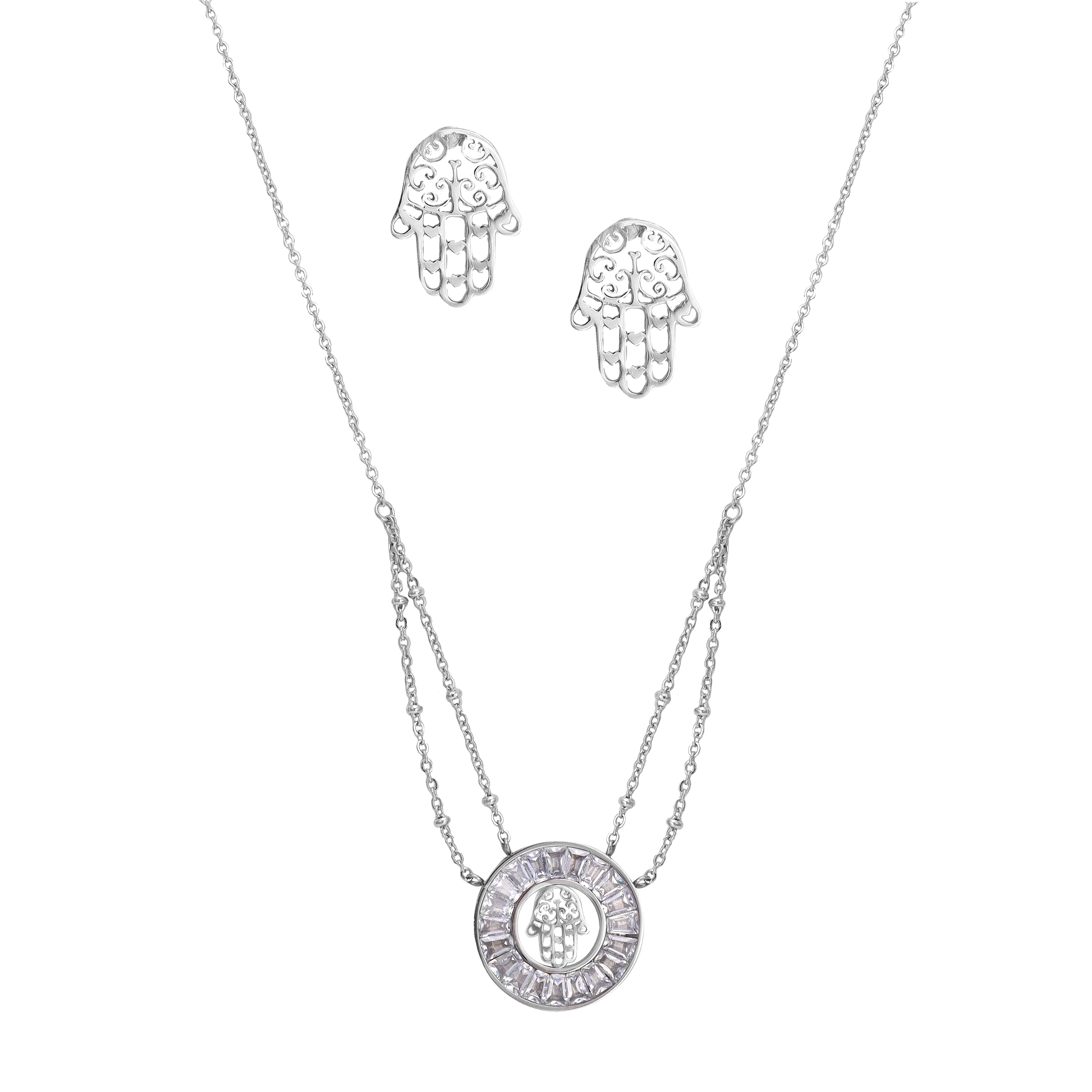 Damen Set Ankerkette mit Hand der Fatima Hamza Anhänger, Ohrringe aus Edelstahl - Taipan Schmuck