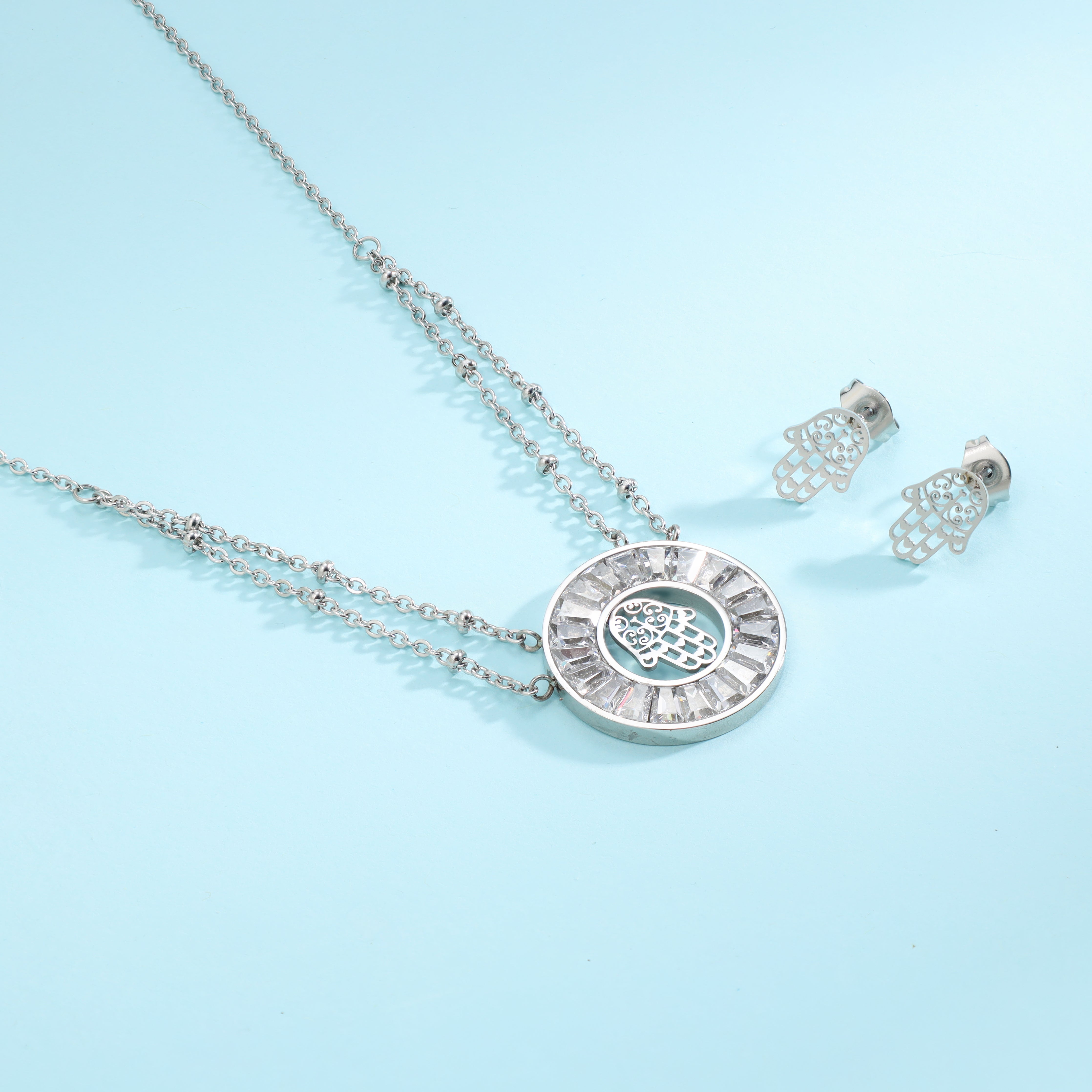 Damen Set Ankerkette mit Hand der Fatima Hamza Anhänger, Ohrringe aus Edelstahl - Taipan Schmuck