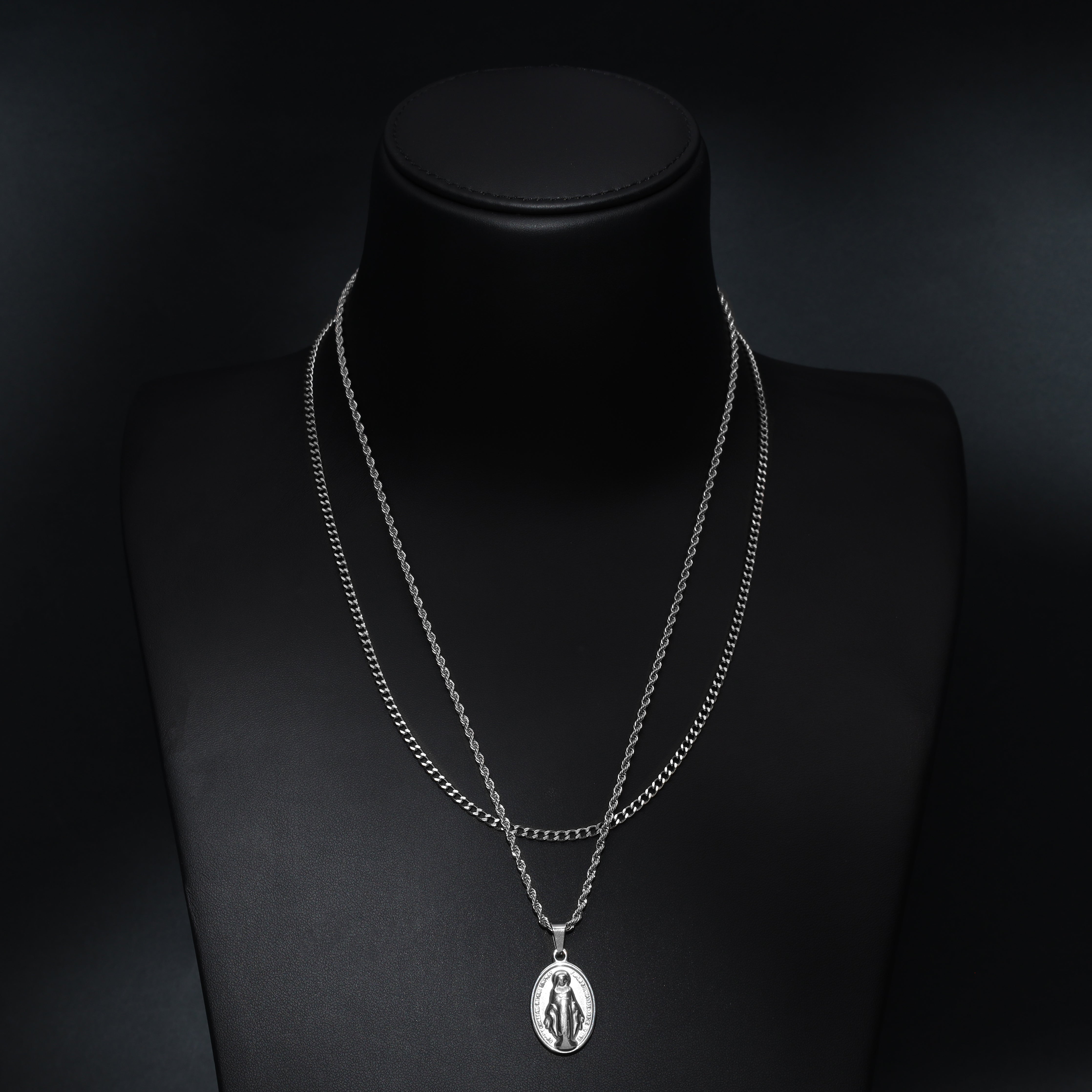 SET Kordelkette + Panzerkette mit Heilige Maria Anhänger aus Edelstahl - Taipan Schmuck