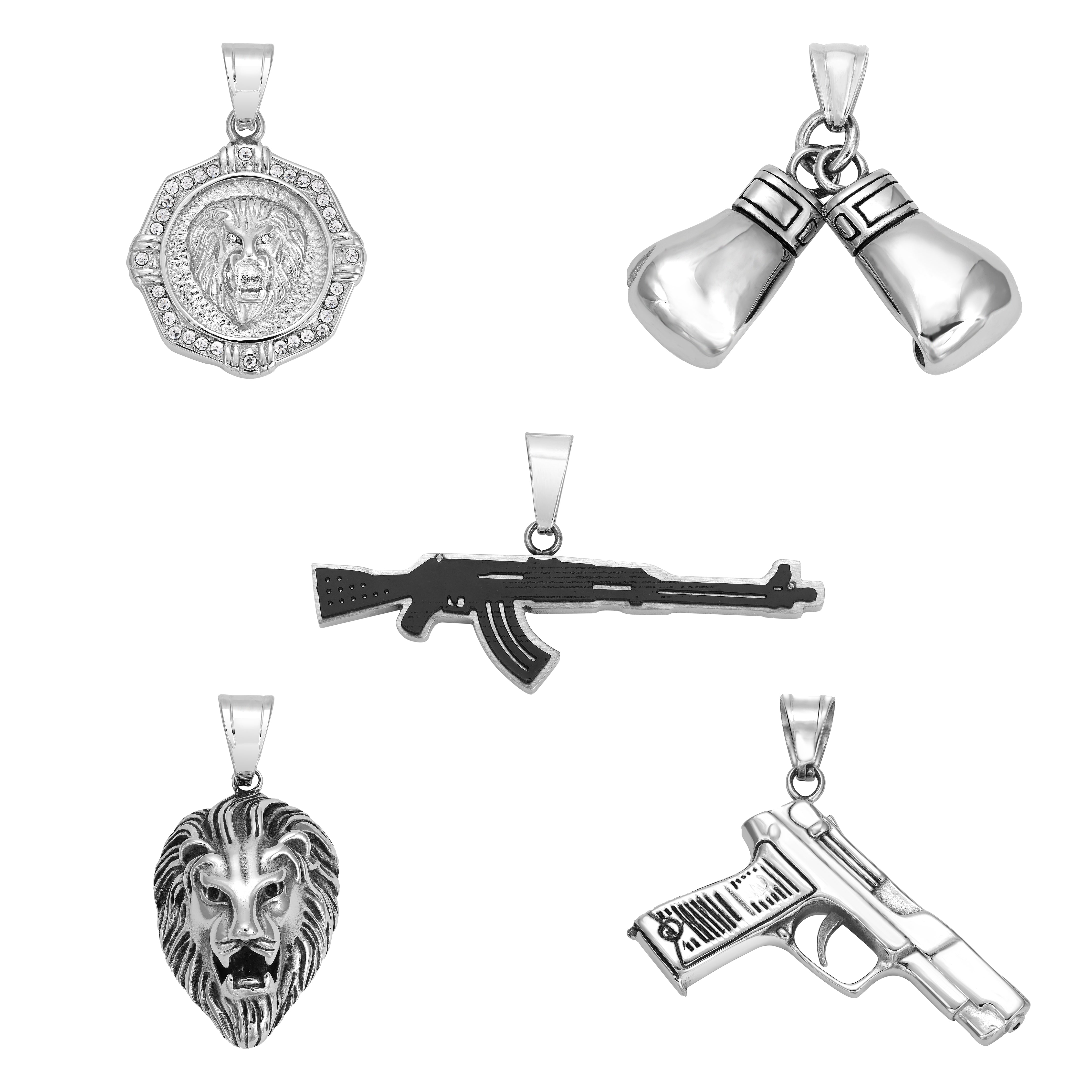 Verschiedene Anhänger aus Edelstahl Iced Out Stil Löwe / Boxhandschuh / Löwe / AK47 / Pistole - Taipan Schmuck