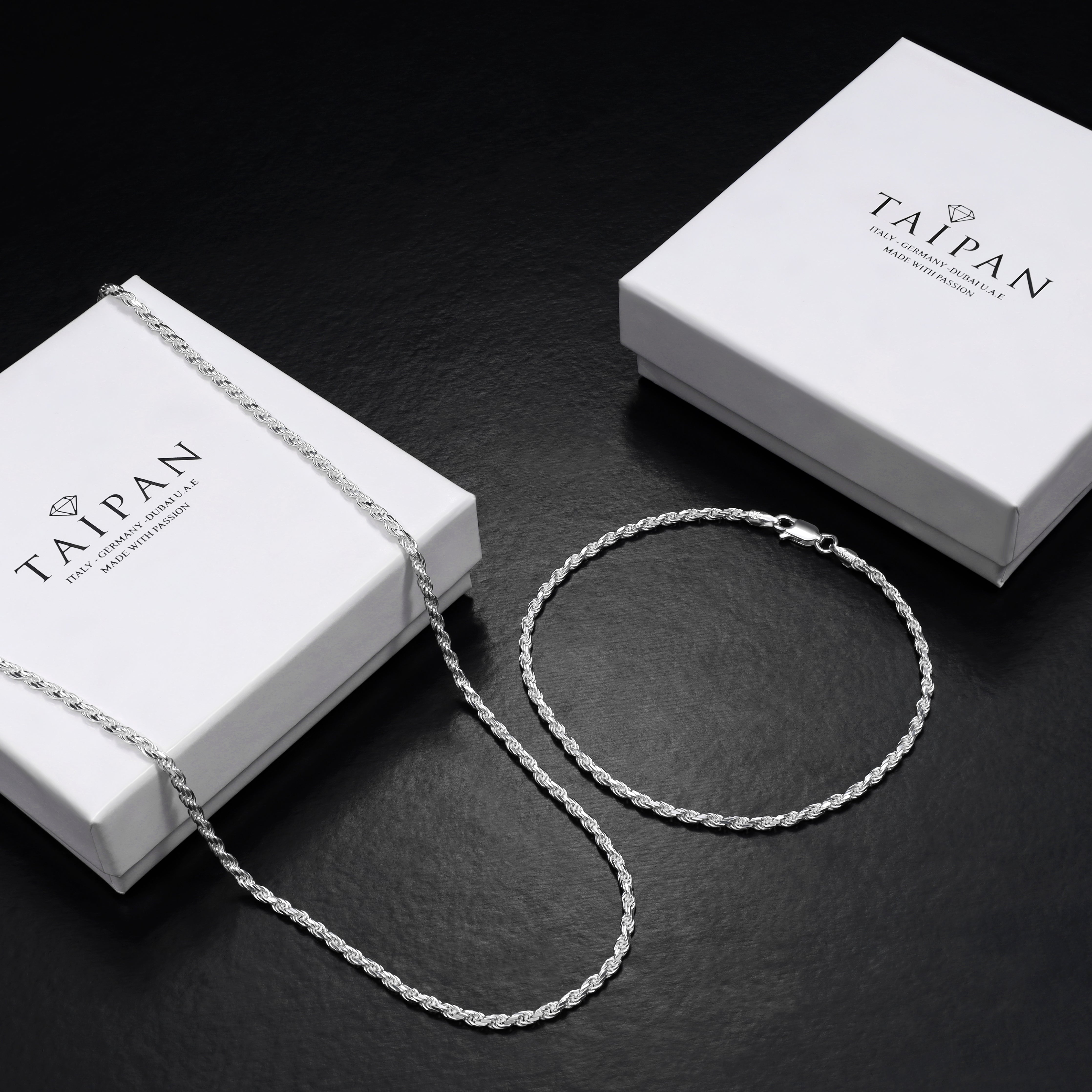 Set - 2,3mm Kordelkette Rope Chain Kette + Armband 925 Silber - Taipan Schmuck